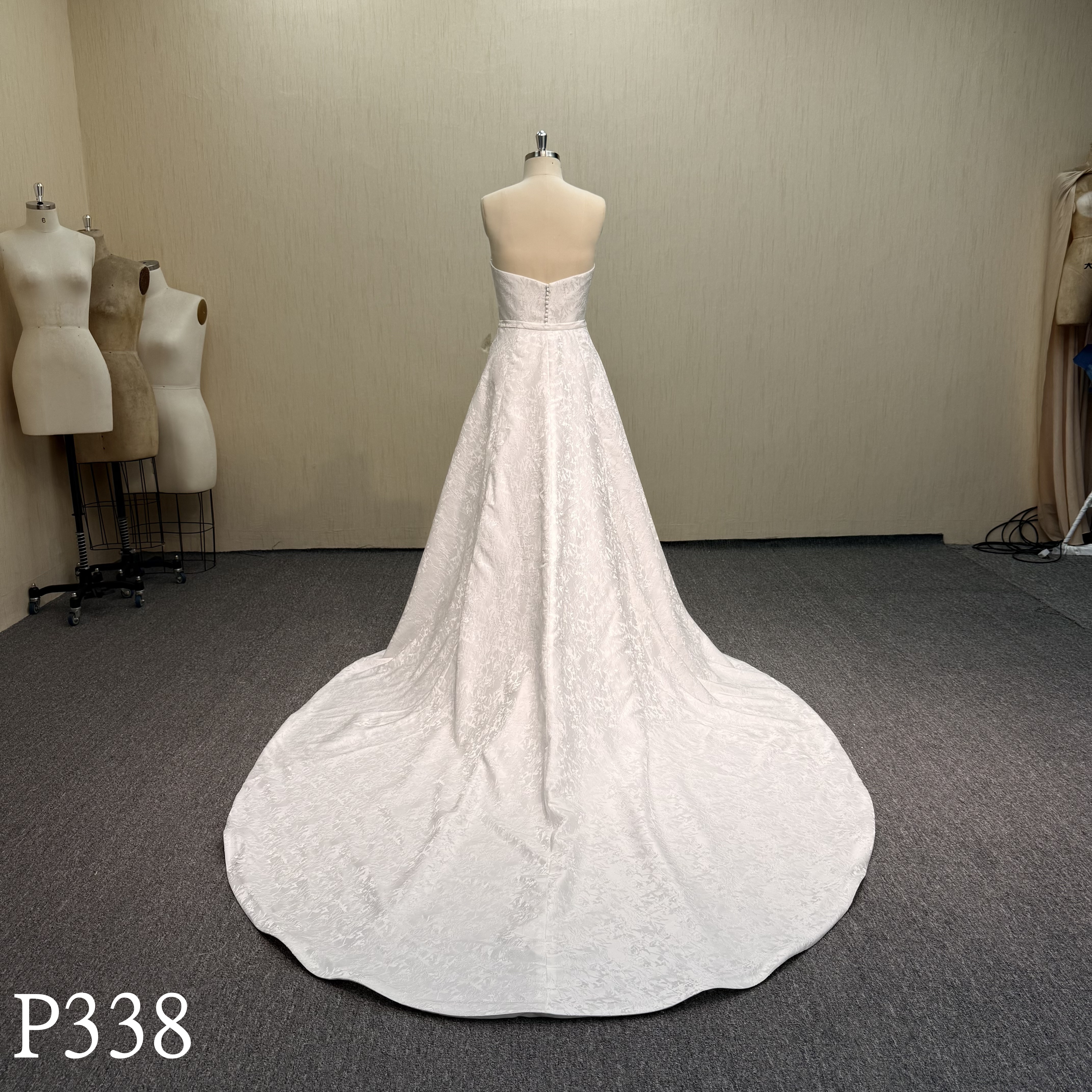 P338 Minimalist Jacquard Strapless A-Line Wedding Dress with Sash Belt