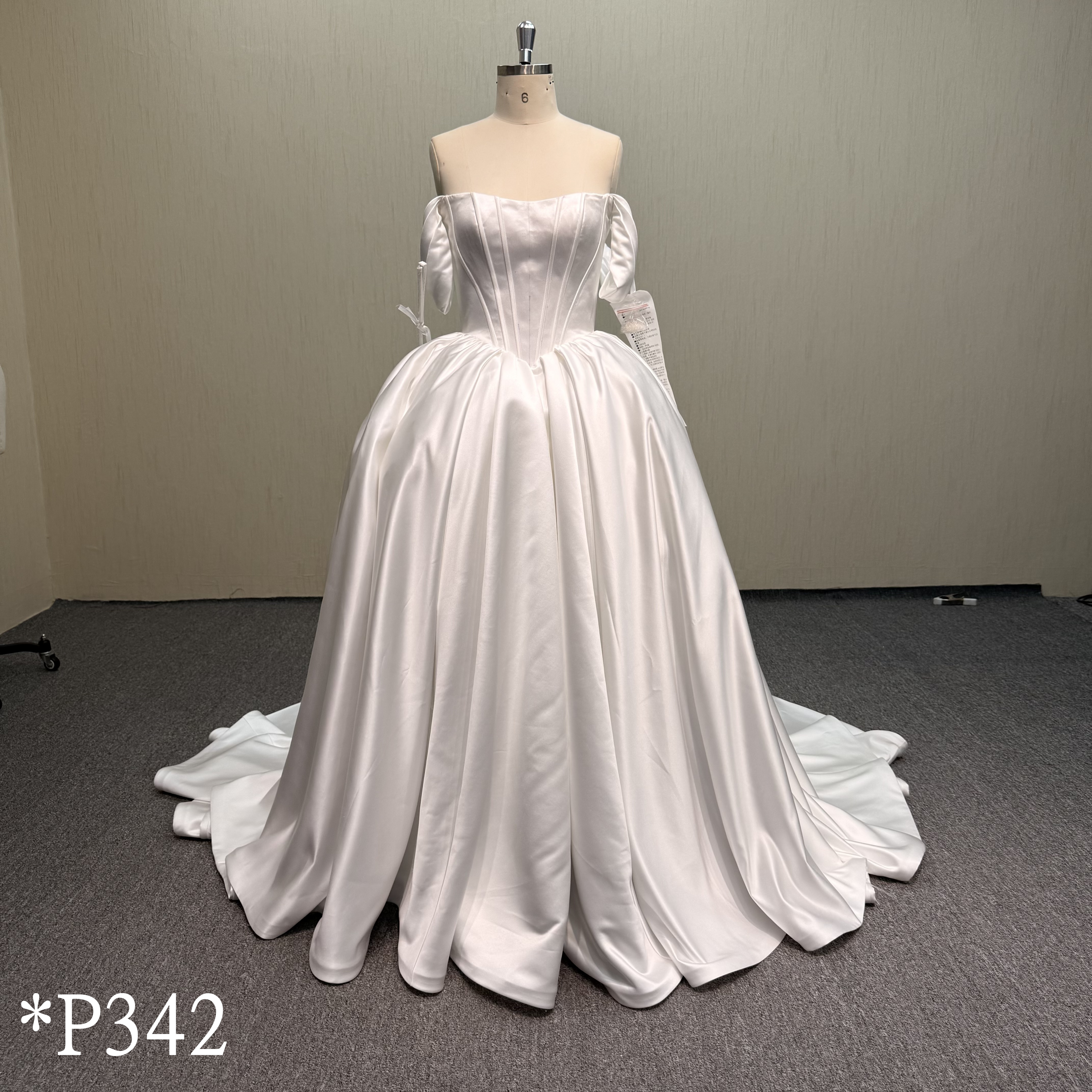 P342 Elegant Satin Ballgown Wedding Dress with Draped Off-Shoulder Sleeves