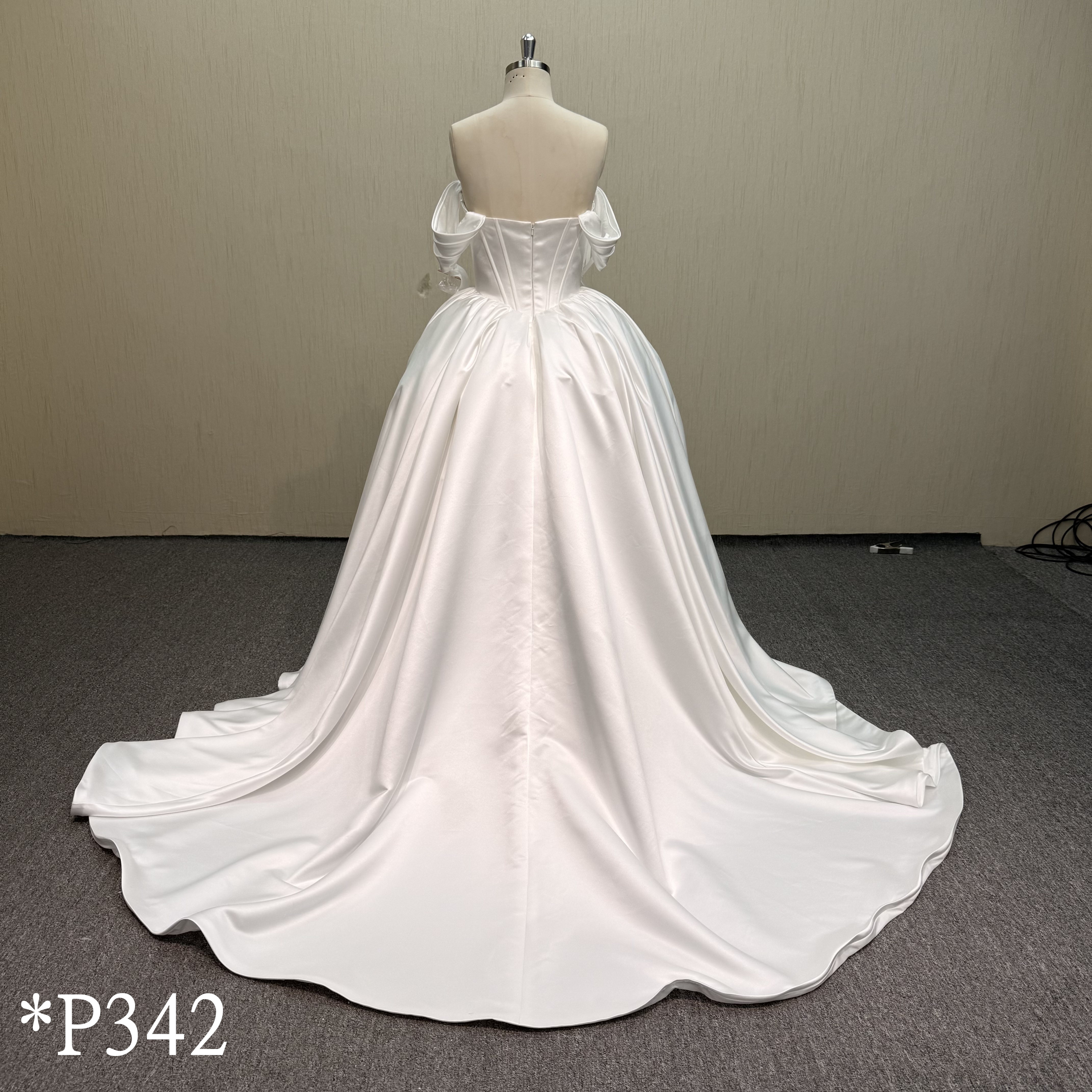 P342 Elegant Satin Ballgown Wedding Dress with Draped Off-Shoulder Sleeves