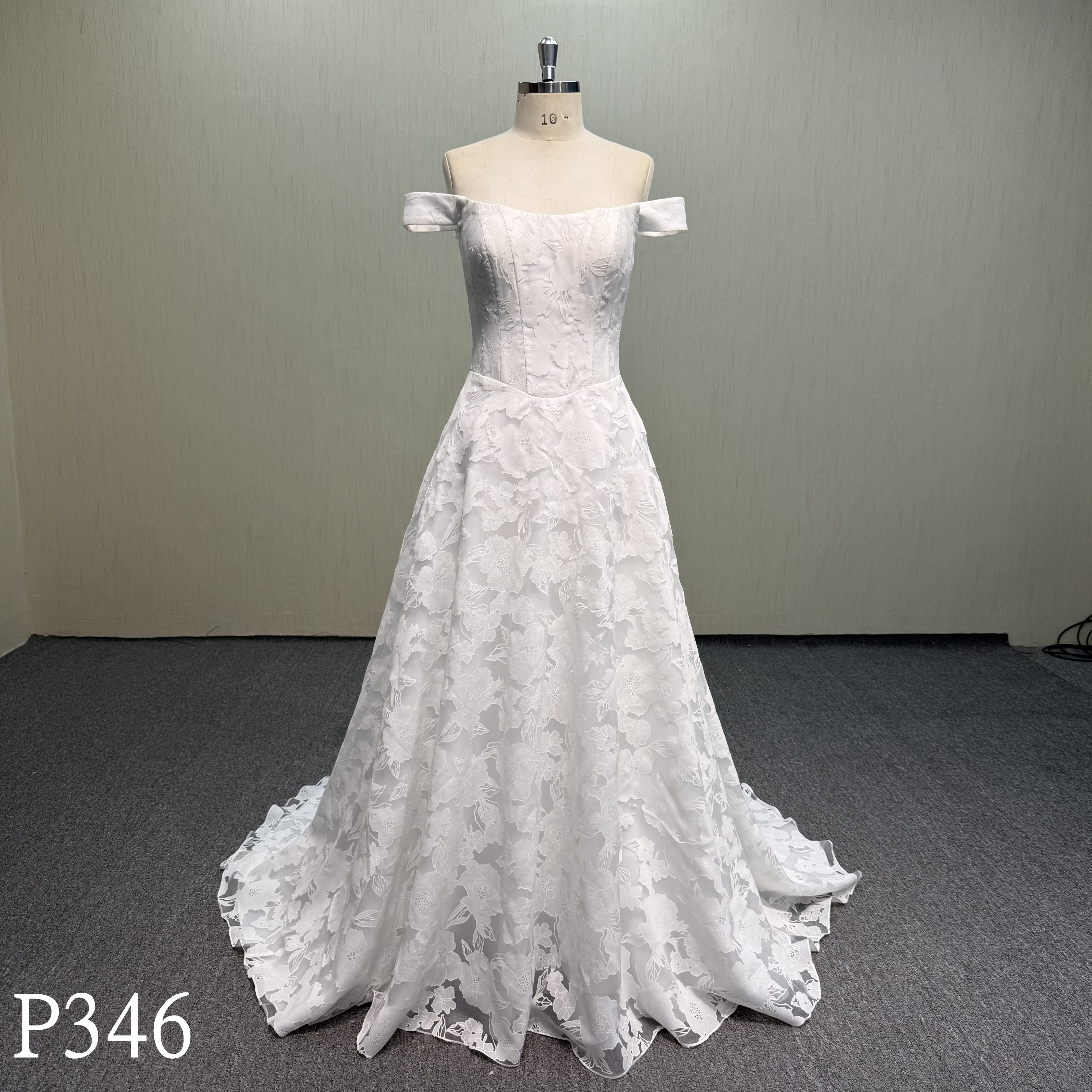 P346 Off-Shoulder A-Line Wedding Dress with Large Floral Jacquard Fabric