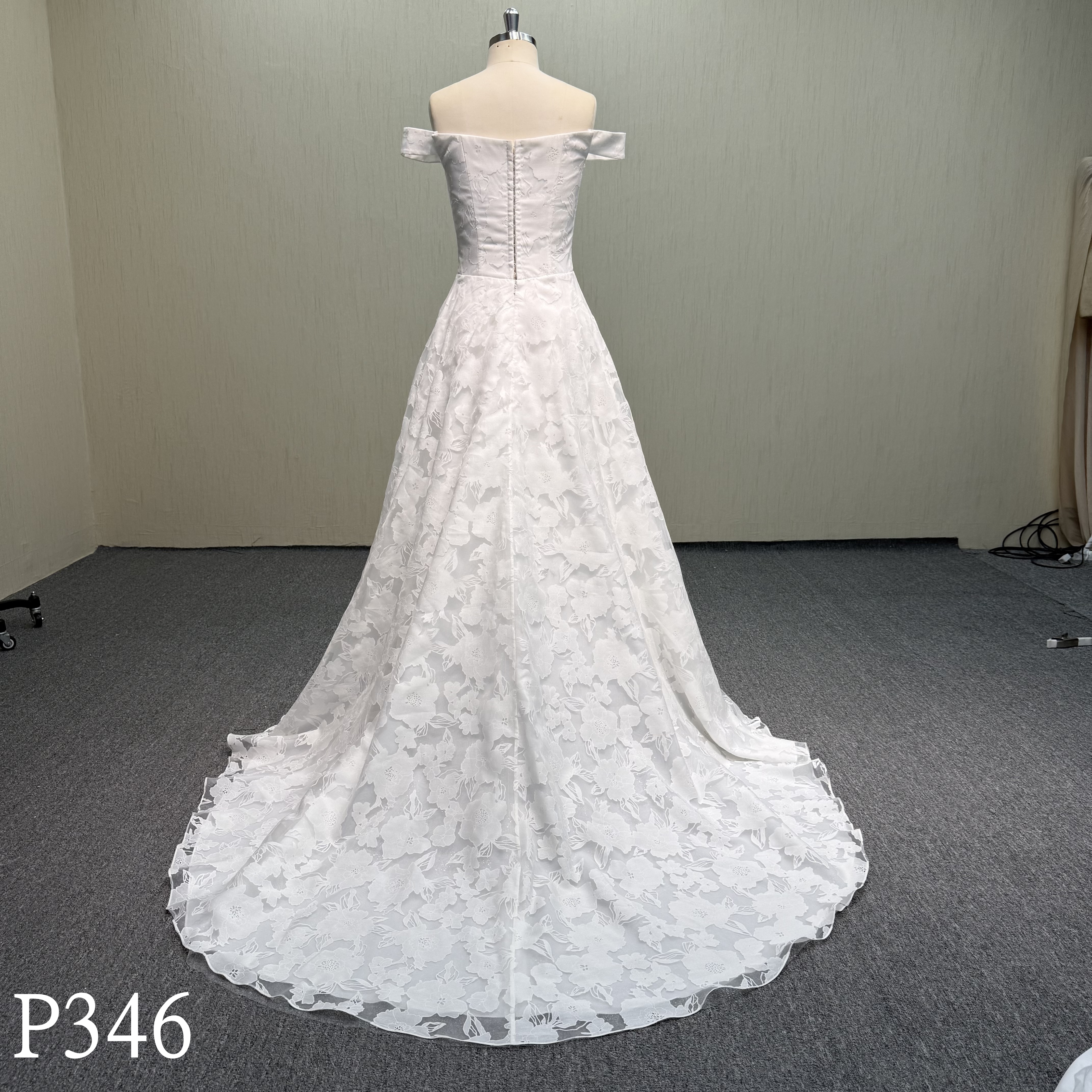 P346 Off-Shoulder A-Line Wedding Dress with Large Floral Jacquard Fabric