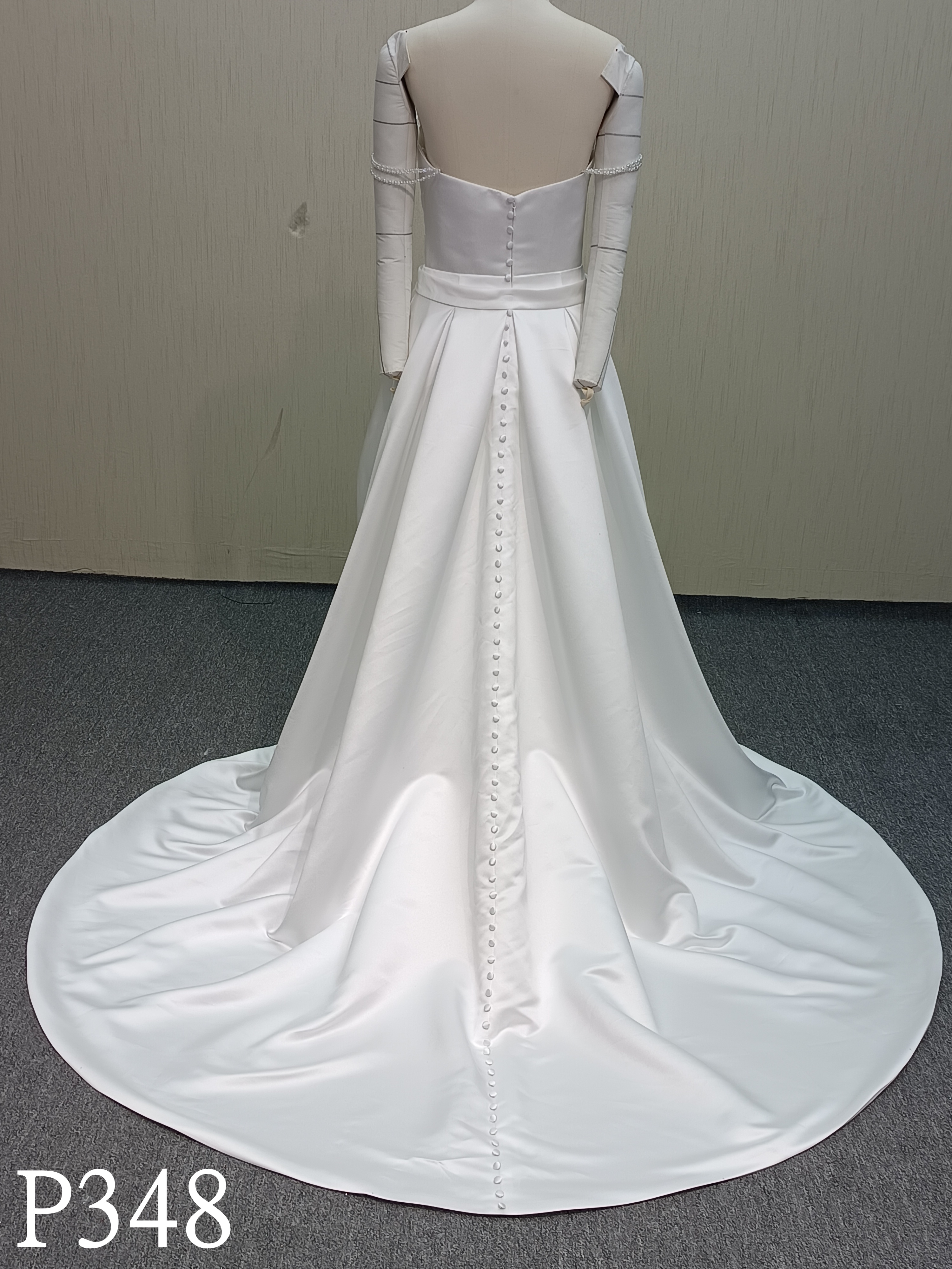 P348 Elegant Satin Two-Piece Off-Shoulder Long Sleeve Wedding Dress with Sweep Train