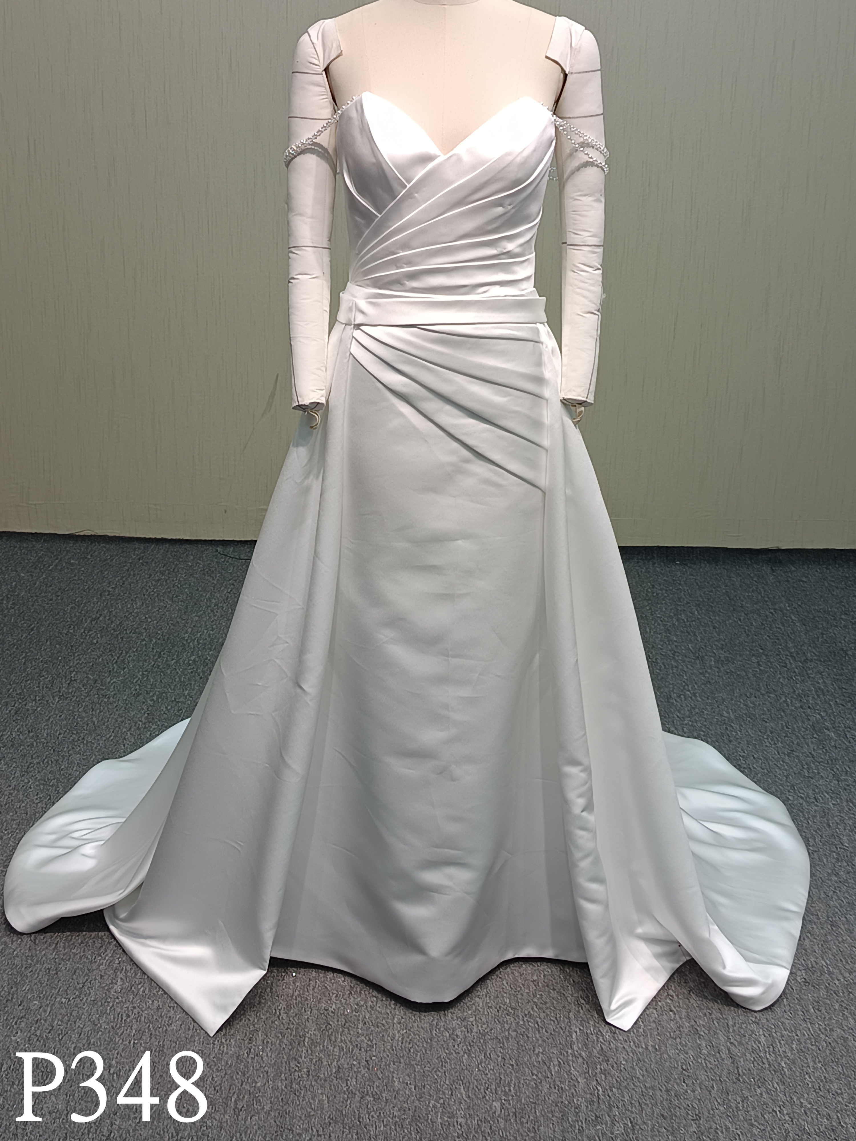 P348 Elegant Satin Two-Piece Off-Shoulder Long Sleeve Wedding Dress with Sweep Train