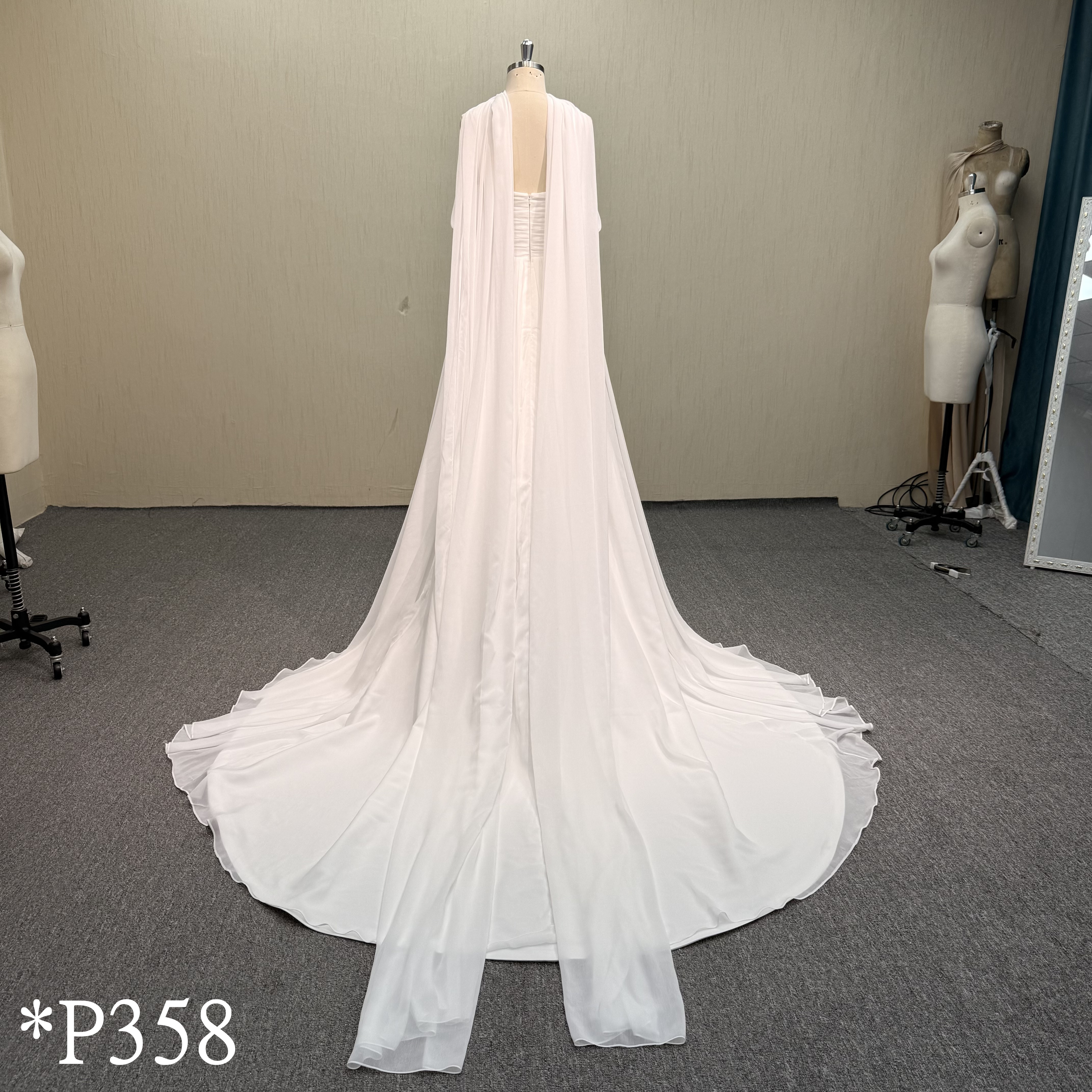 P358 Off-Shoulder Ruched Wedding Dress with Long Chiffon Shawl Wrap and Chapel Train