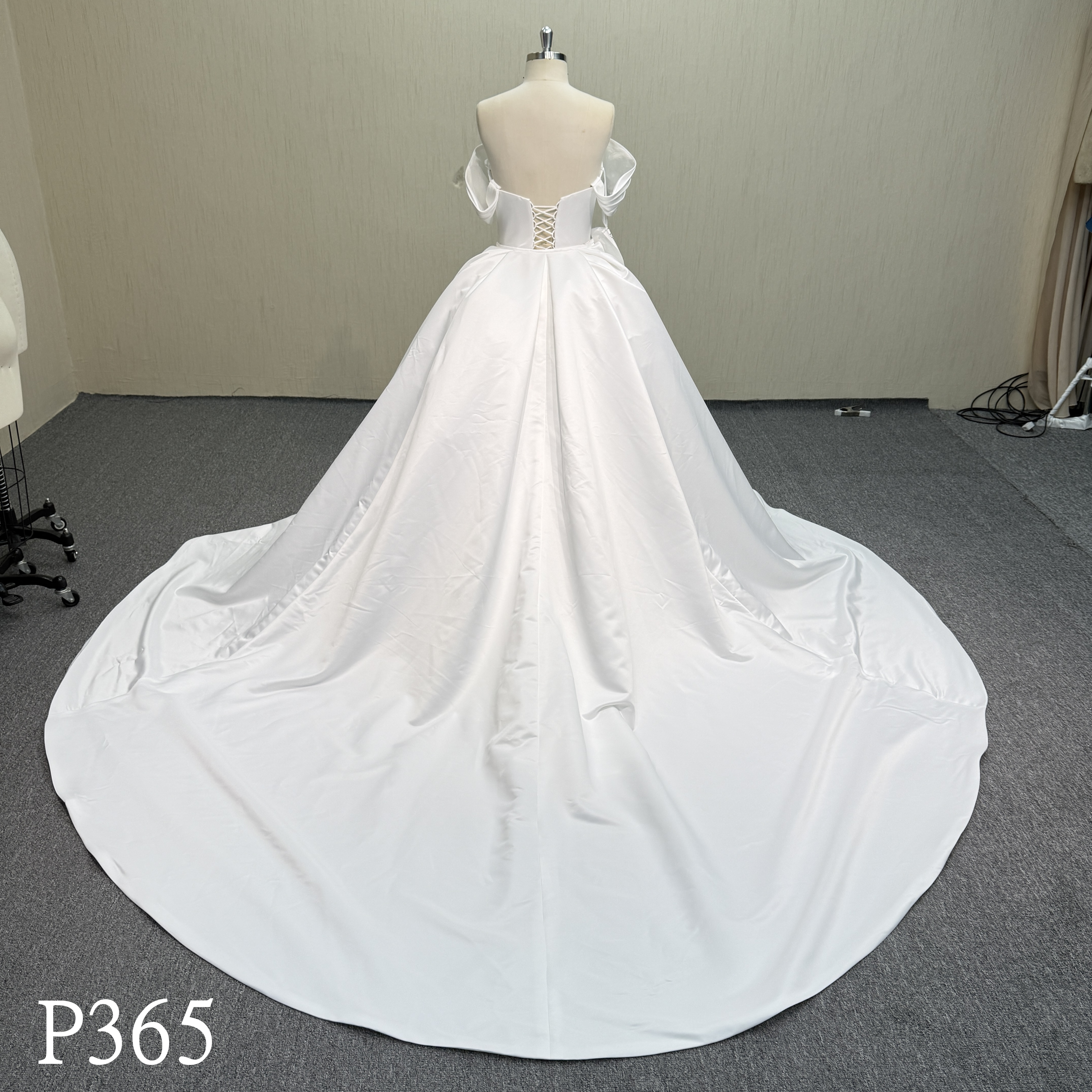 P365 Princess Style Satin Sweetheart Off-Shoulder Ballgown Wedding Dress with Corset Back