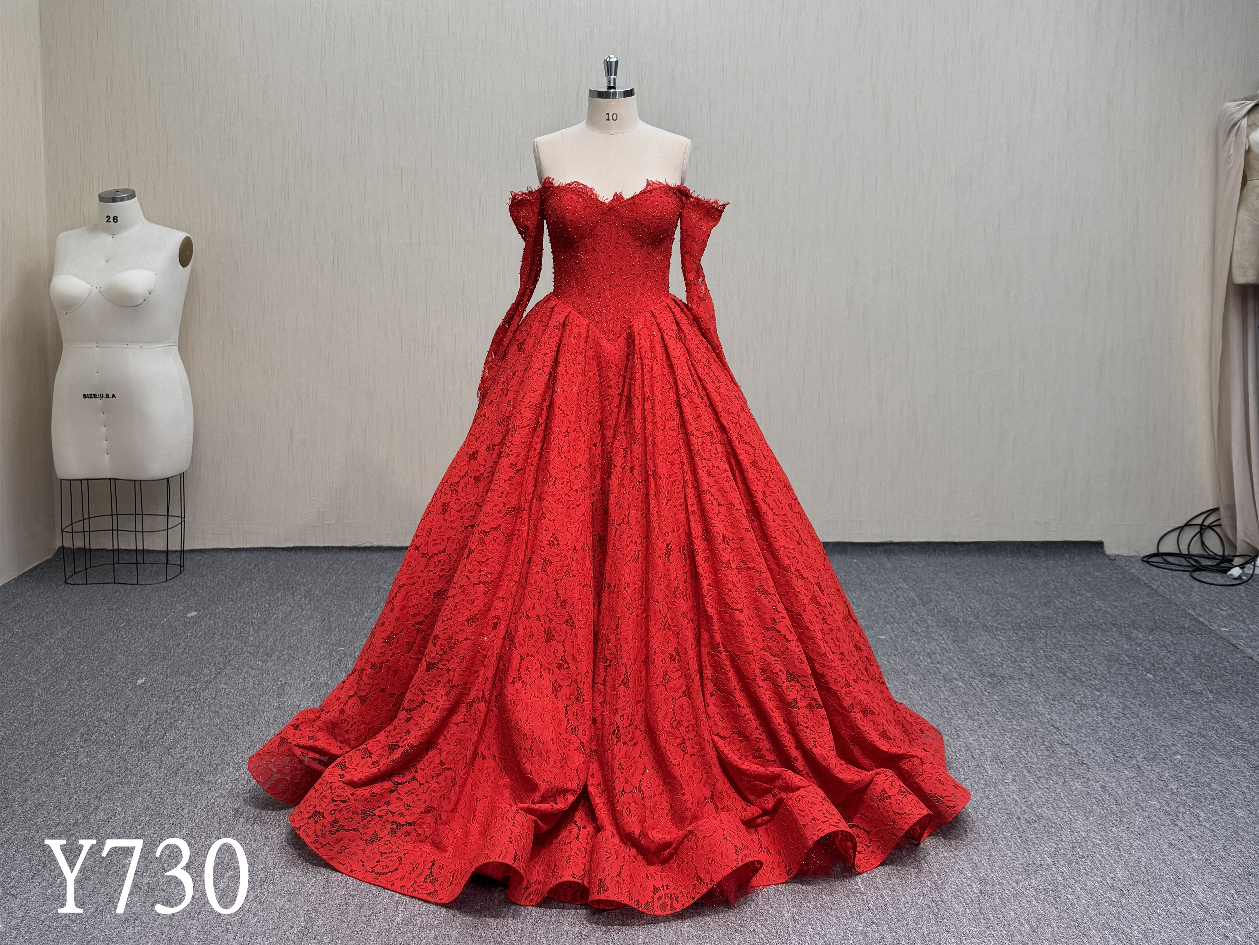Y730 Hand-Beaded Red Lace Off-Shoulder Long Sleeve A-Line Wedding and Formal Dress