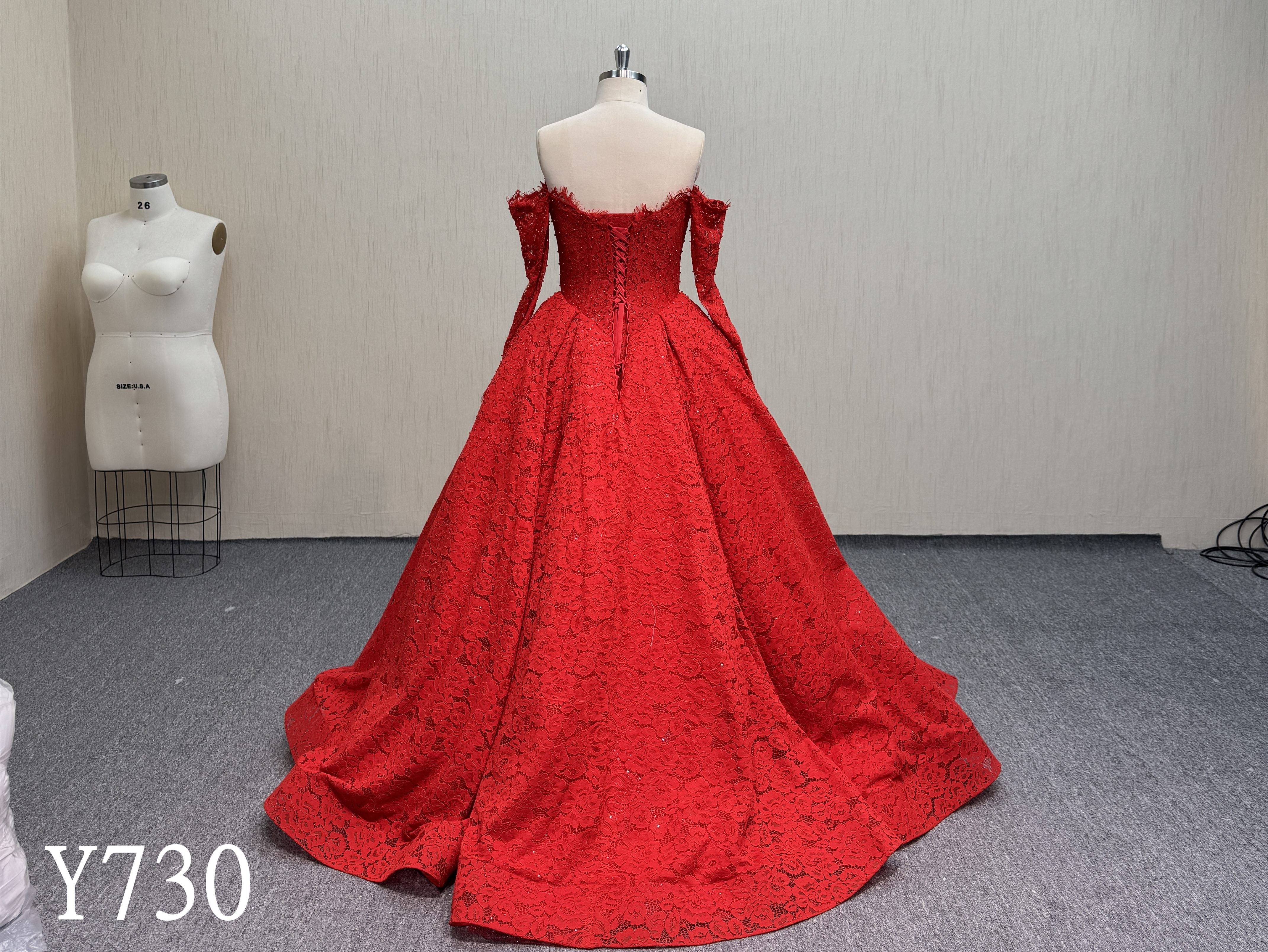 Y730 Hand-Beaded Red Lace Off-Shoulder Long Sleeve A-Line Wedding and Formal Dress