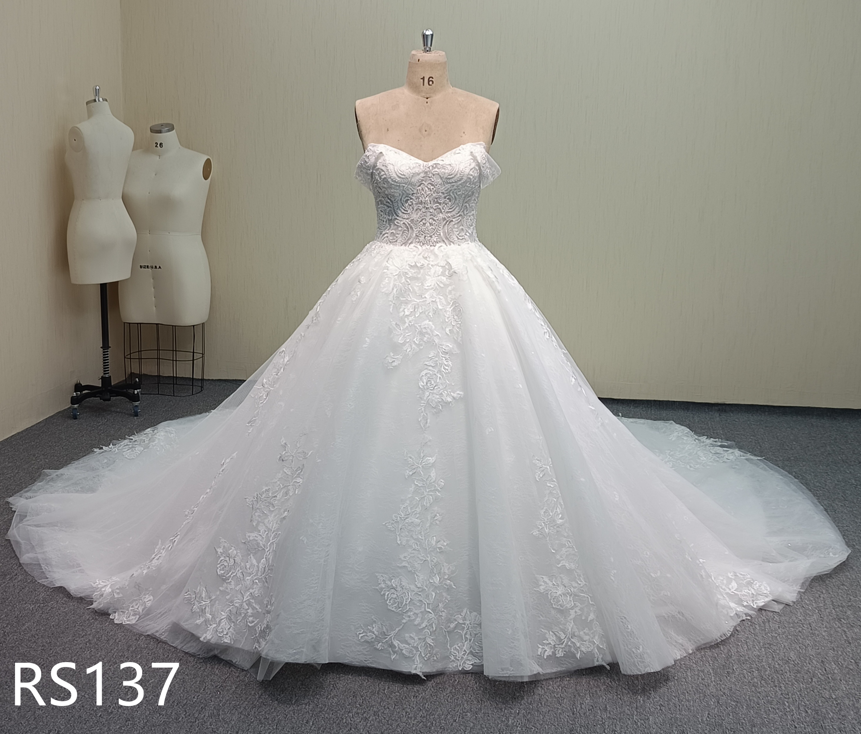 RS137 Sweetheart Off-Shoulder Lace Ballgown Wedding Dress with Cathedral Train and Corset Lace-Up Back
