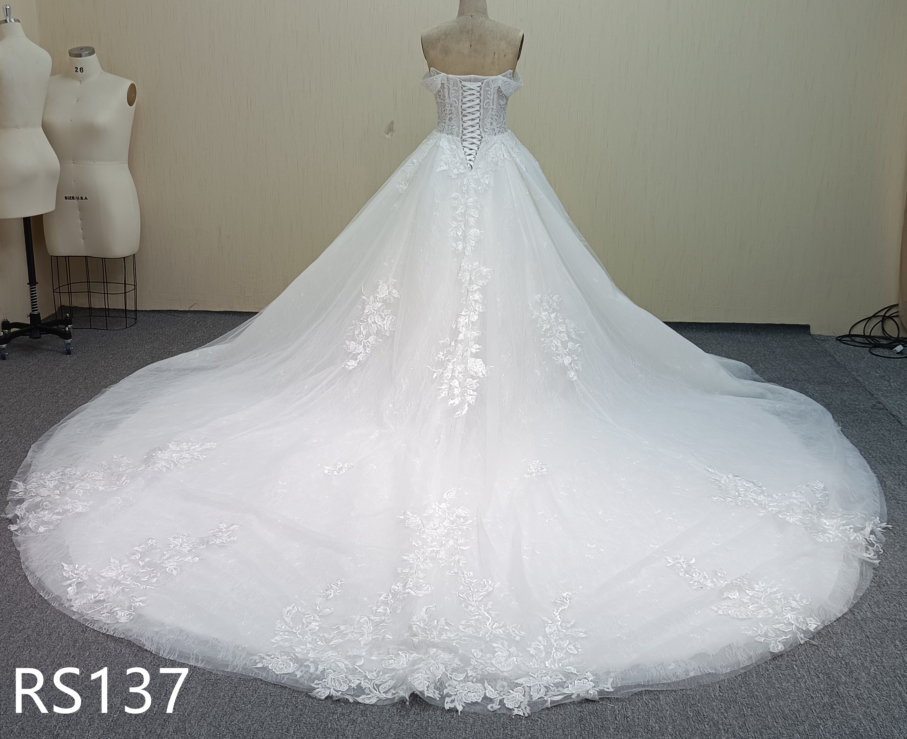 RS137 Sweetheart Off-Shoulder Lace Ballgown Wedding Dress with Cathedral Train and Corset Lace-Up Back