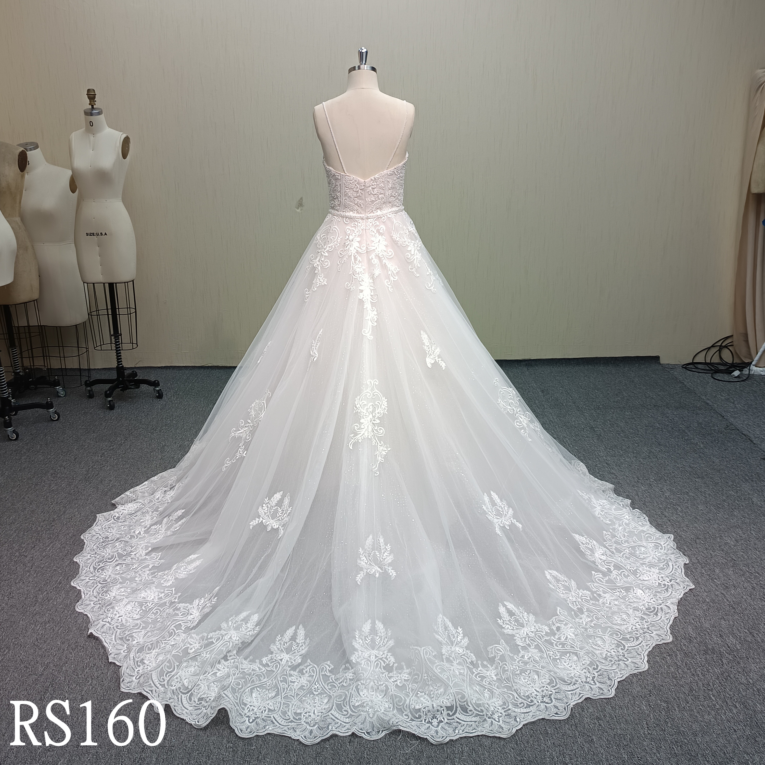 RS160 Deep V-Neck Open Back Lace Bridal Gown with Cathedral Train China Factory