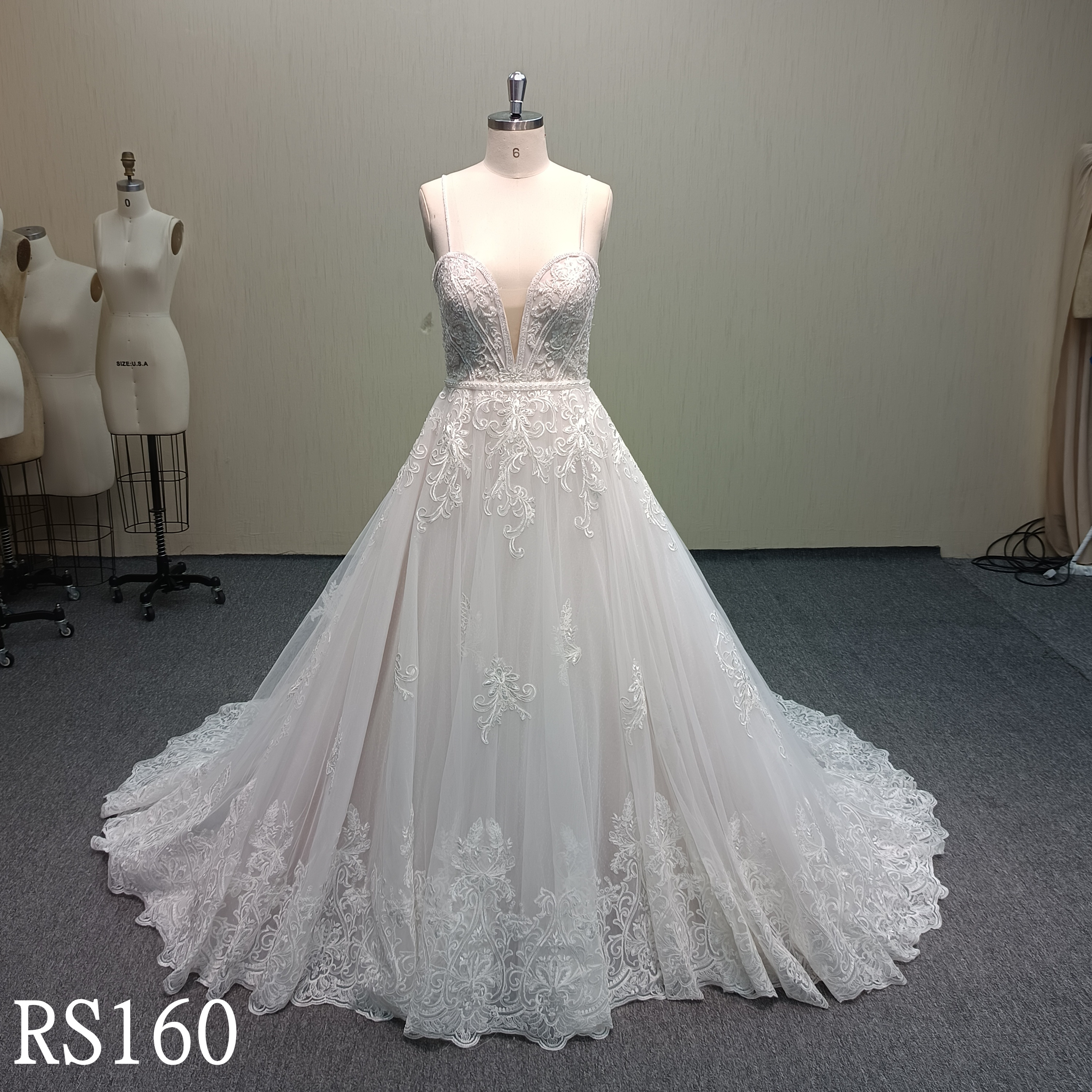 RS160 Deep V-Neck Open Back Lace Bridal Gown with Cathedral Train China Factory