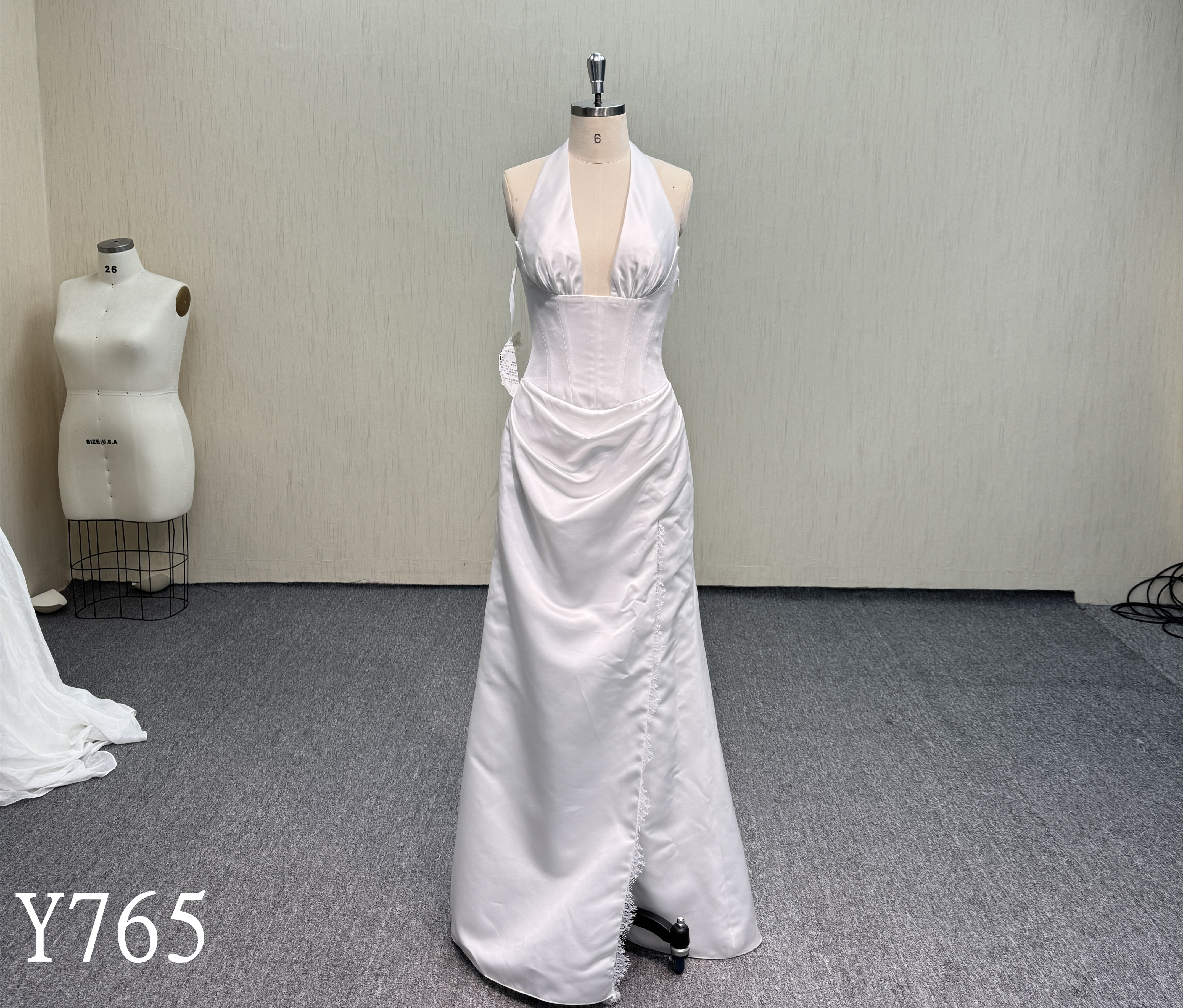 Y765 Elegant Satin Halter Deep V-Neck Backless Wedding Dress with Corset Bodice and Side Slit