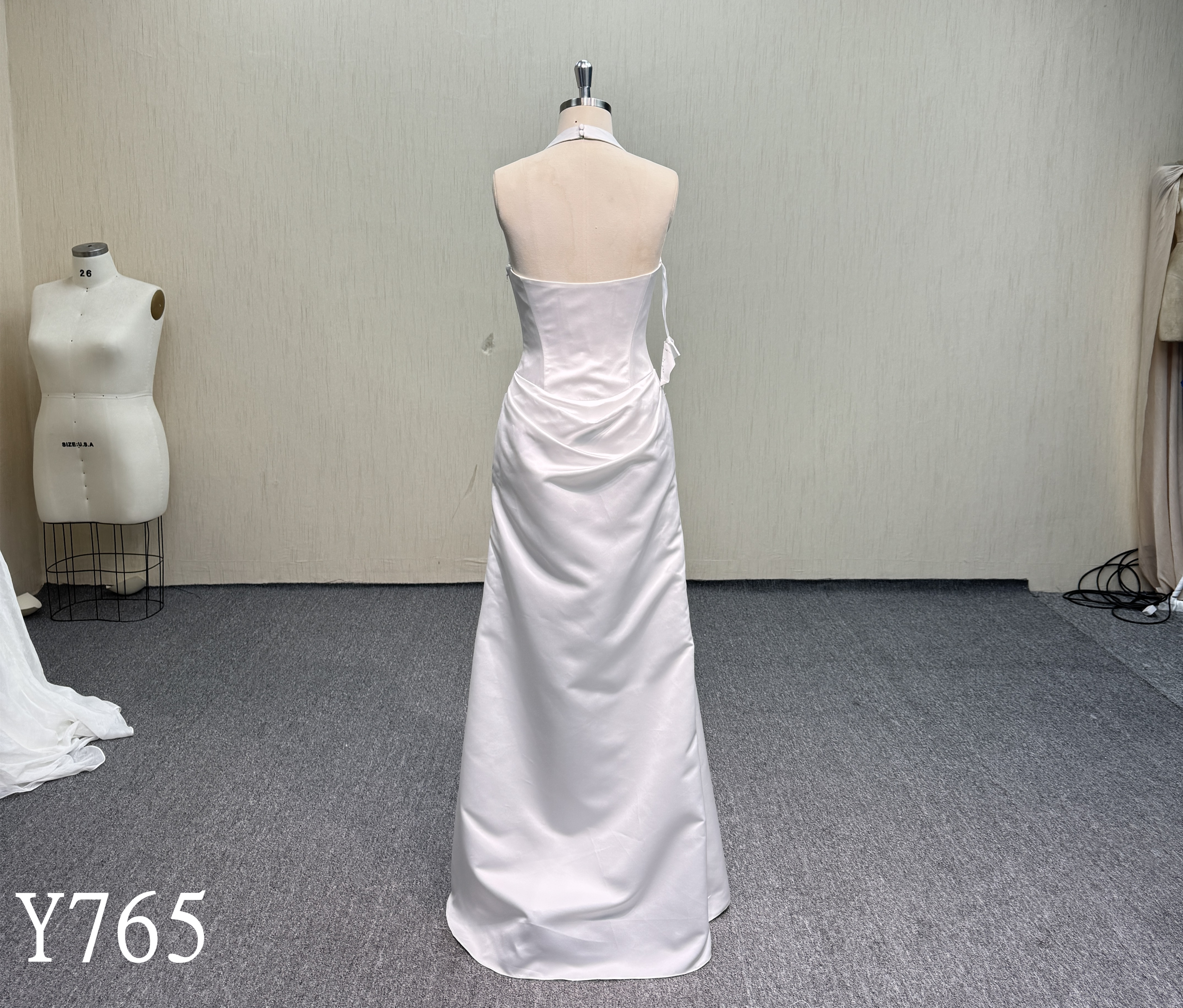 Y765 Elegant Satin Halter Deep V-Neck Backless Wedding Dress with Corset Bodice and Side Slit