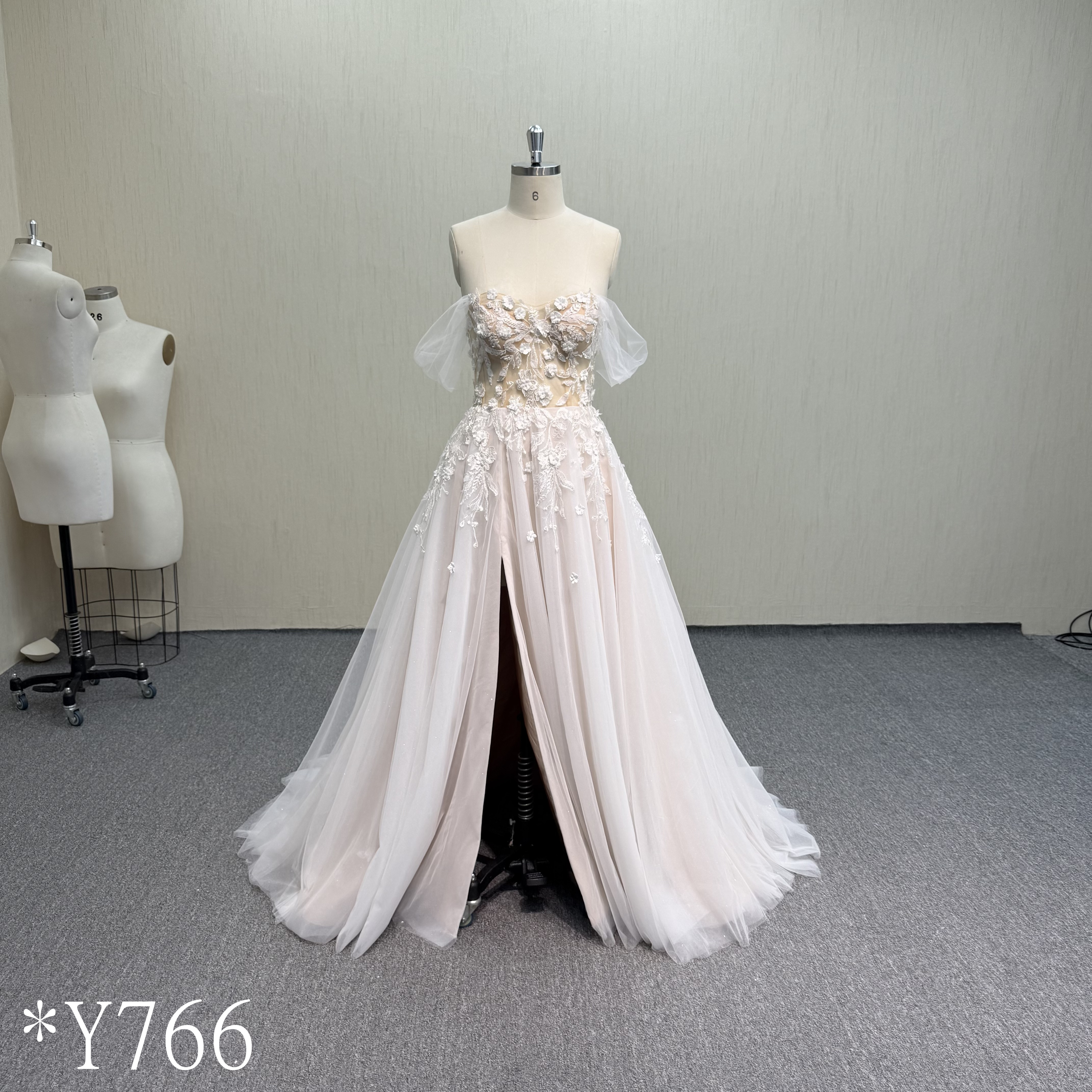 Y766  Off-Shoulder Tulle A-Line Wedding Dress with 3D Floral Appliqués and Daring Front Slit