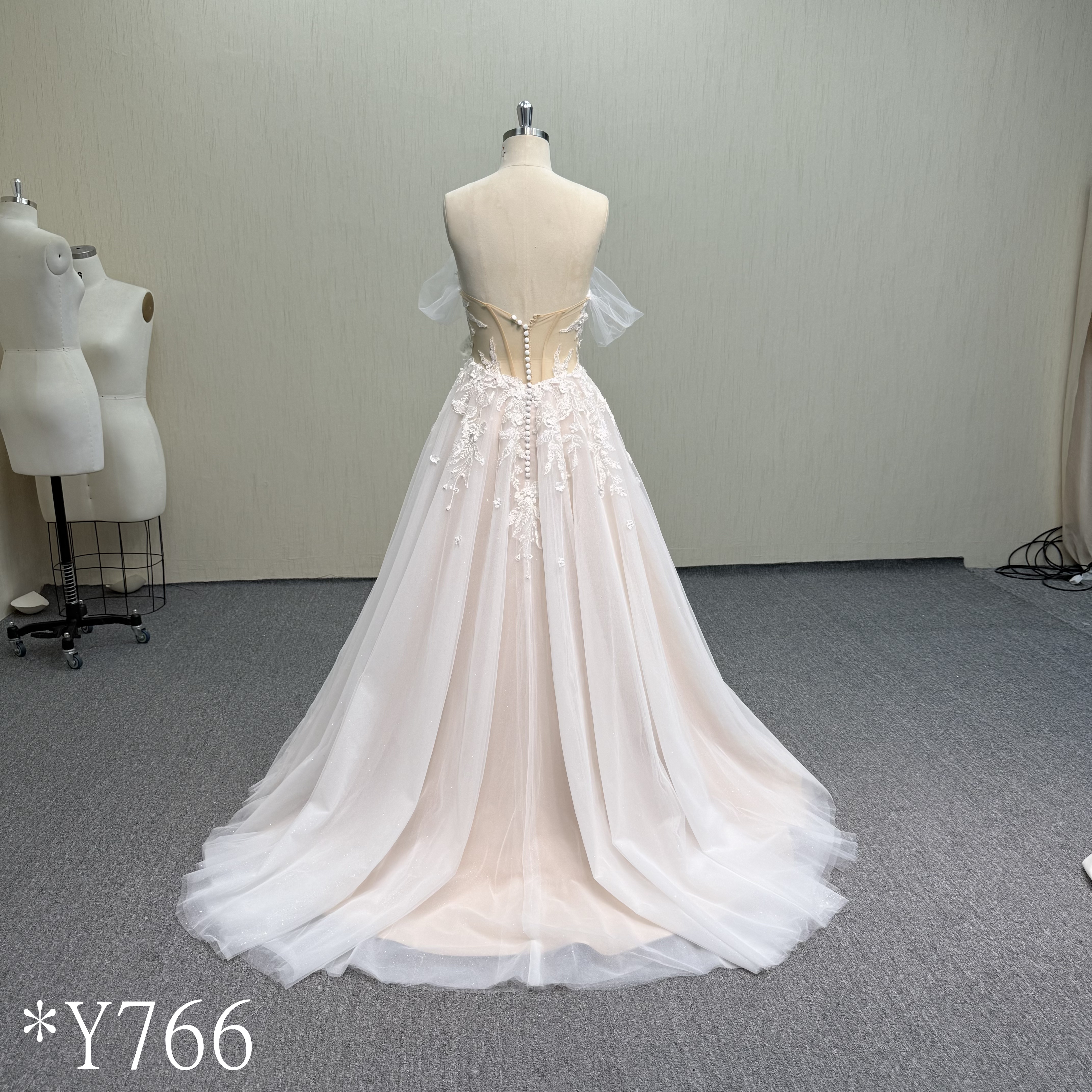 Y766  Off-Shoulder Tulle A-Line Wedding Dress with 3D Floral Appliqués and Daring Front Slit