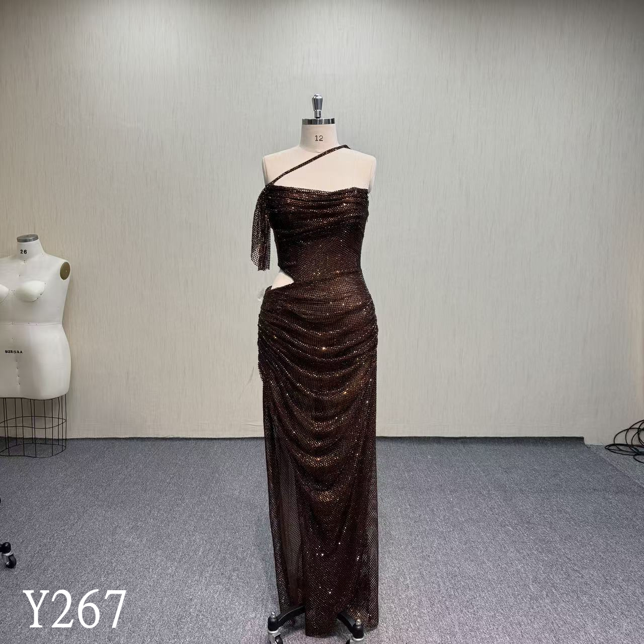 Y267 Sexy One-Shoulder Rhinestone Mesh Cut-Out Evening Dress