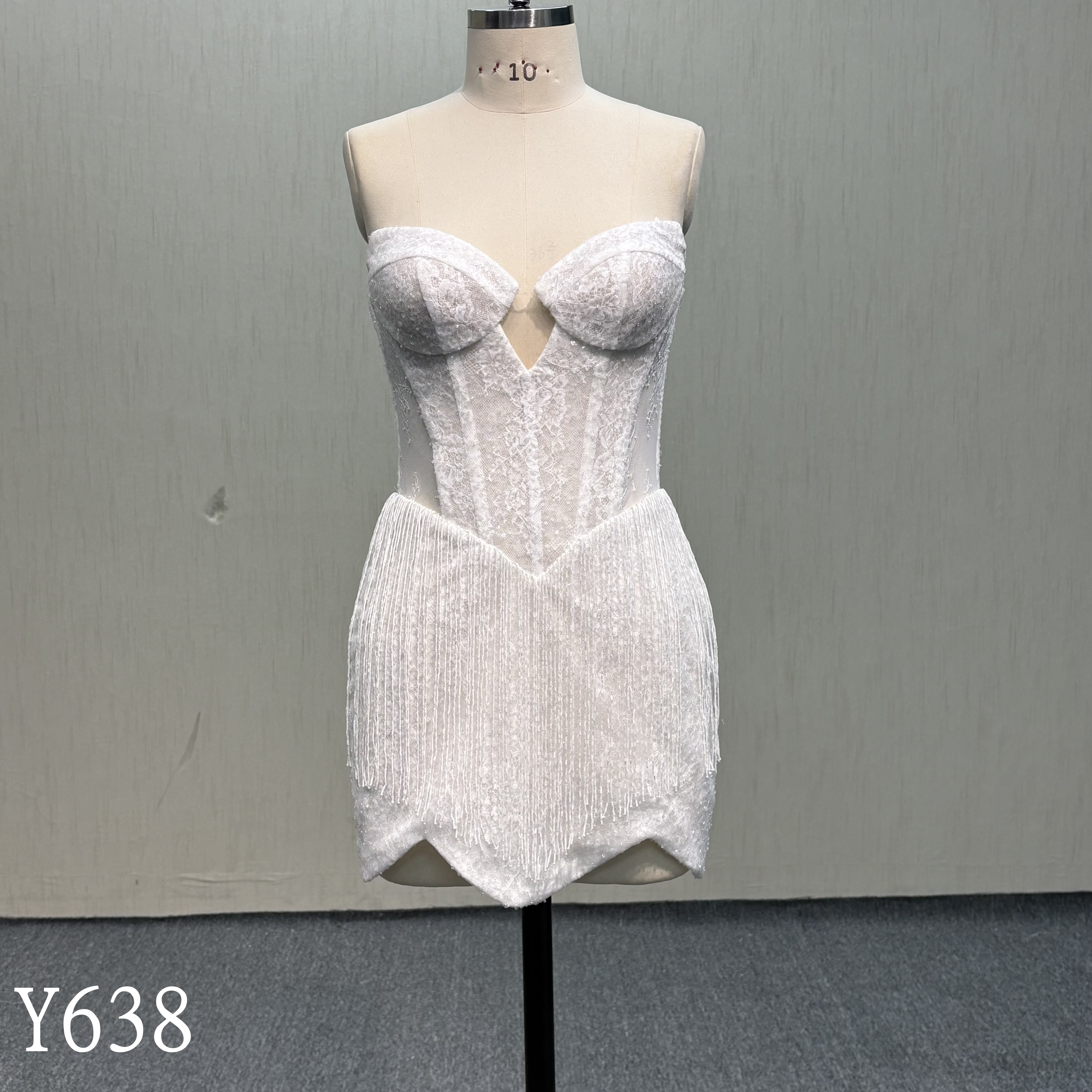 Y638 Sexy Beaded Fringe Strapless Corset Mini Dress with Cat Cups
