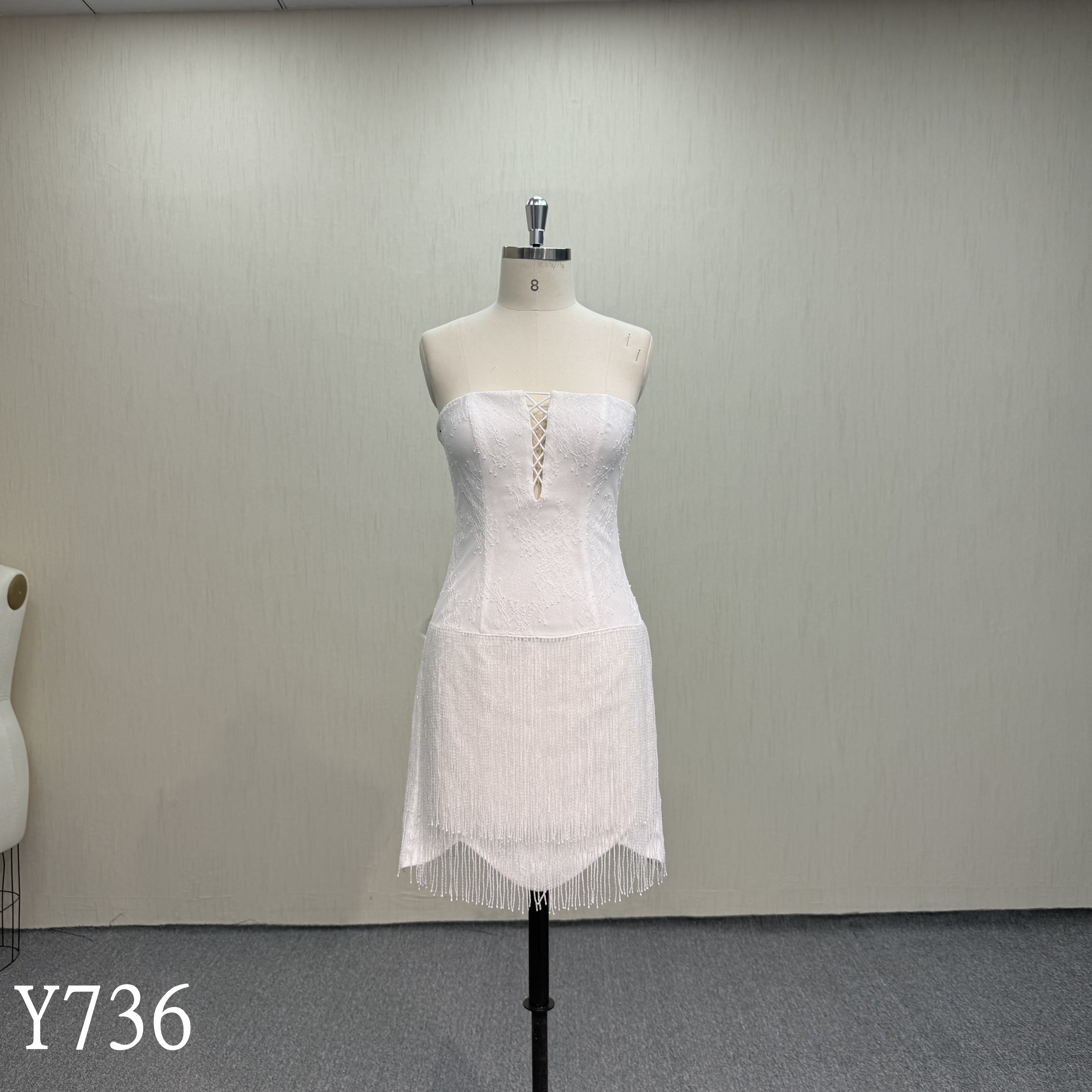 Y736 Luxury Beaded Tassel Corset Back Mini Bridal Shower Dress