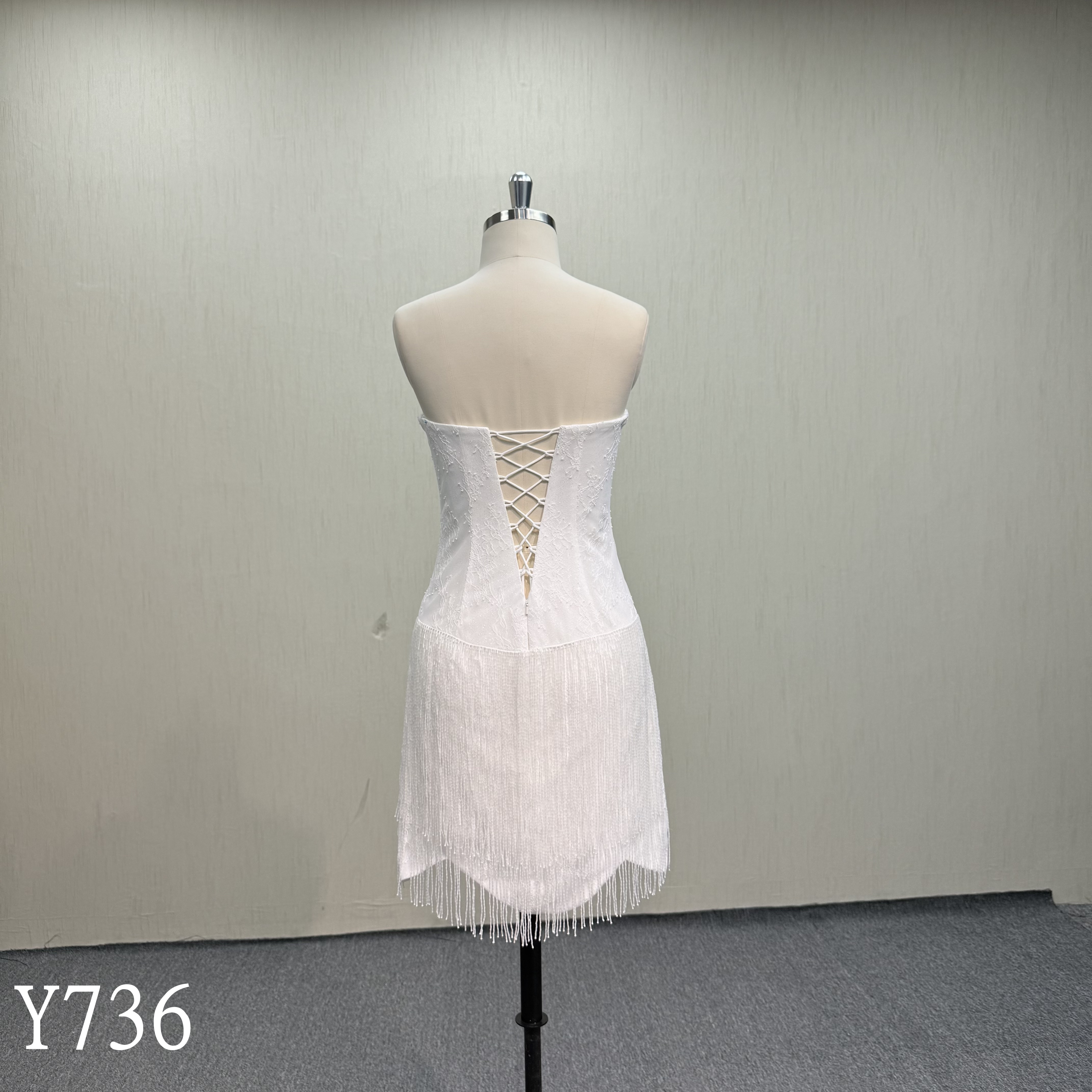 Y736 Luxury Beaded Tassel Corset Back Mini Bridal Shower Dress