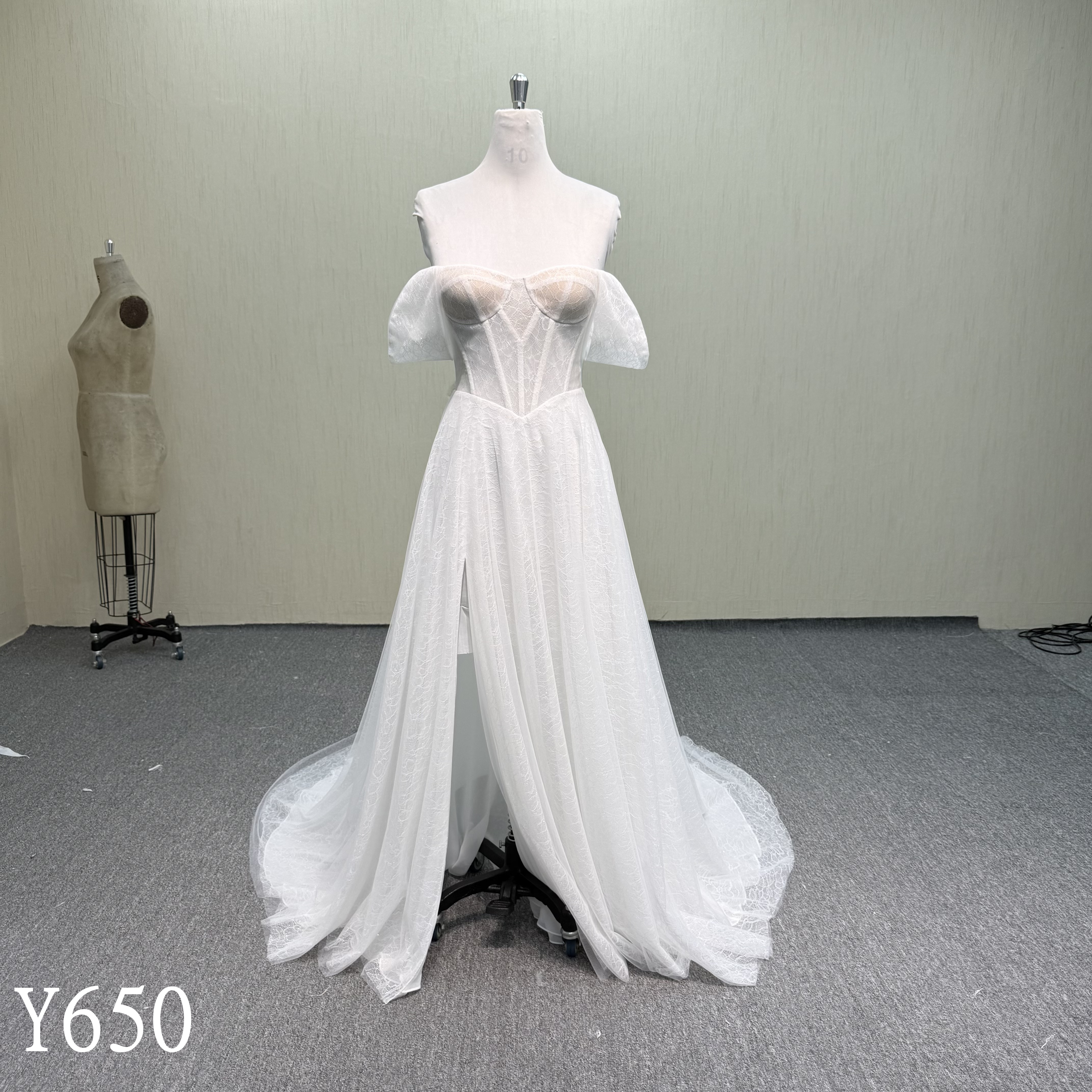 Y650-Flowing Tulle Open Back Wedding Dress with Draped Sleeves & Sweeping Train