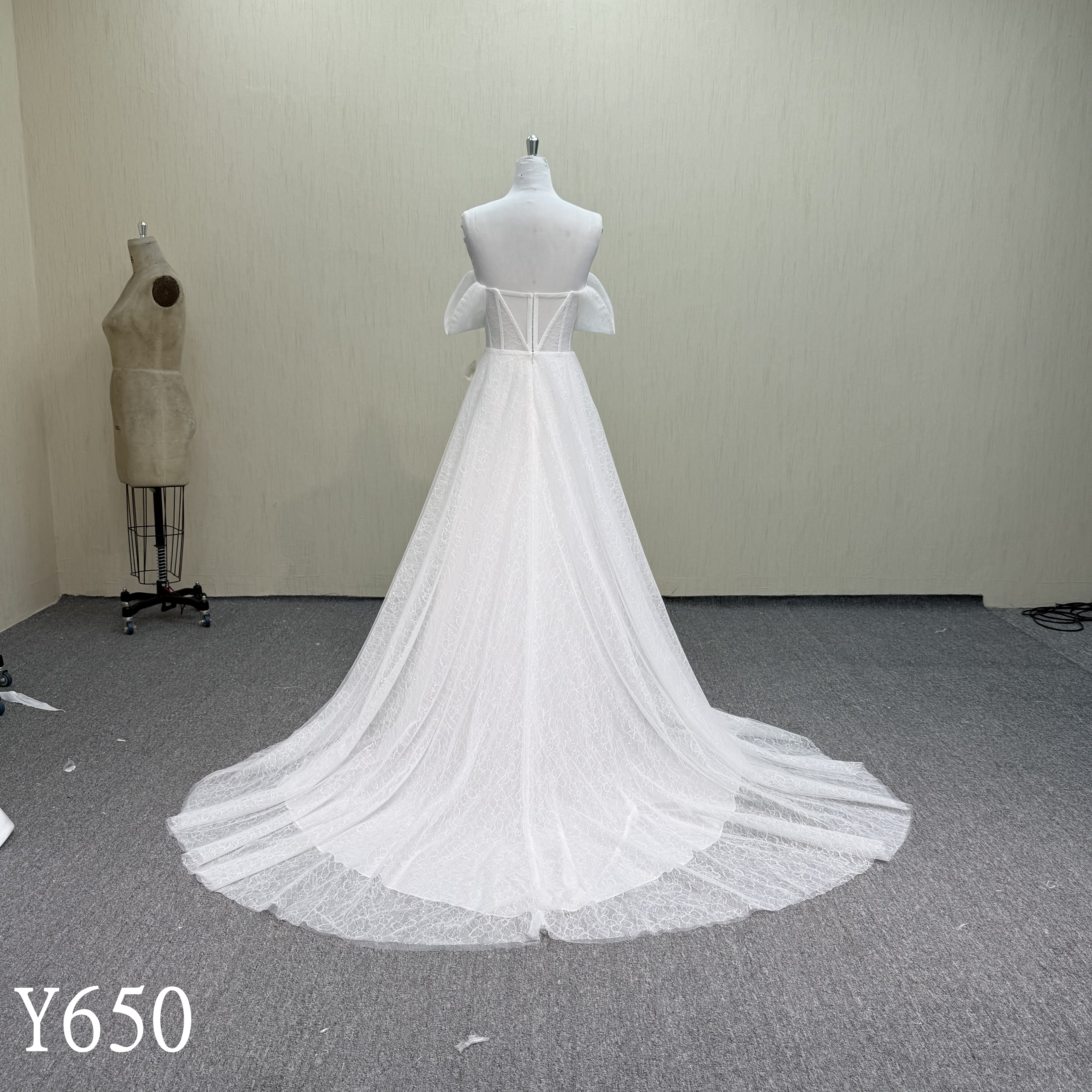 Y650-Flowing Tulle Open Back Wedding Dress with Draped Sleeves & Sweeping Train
