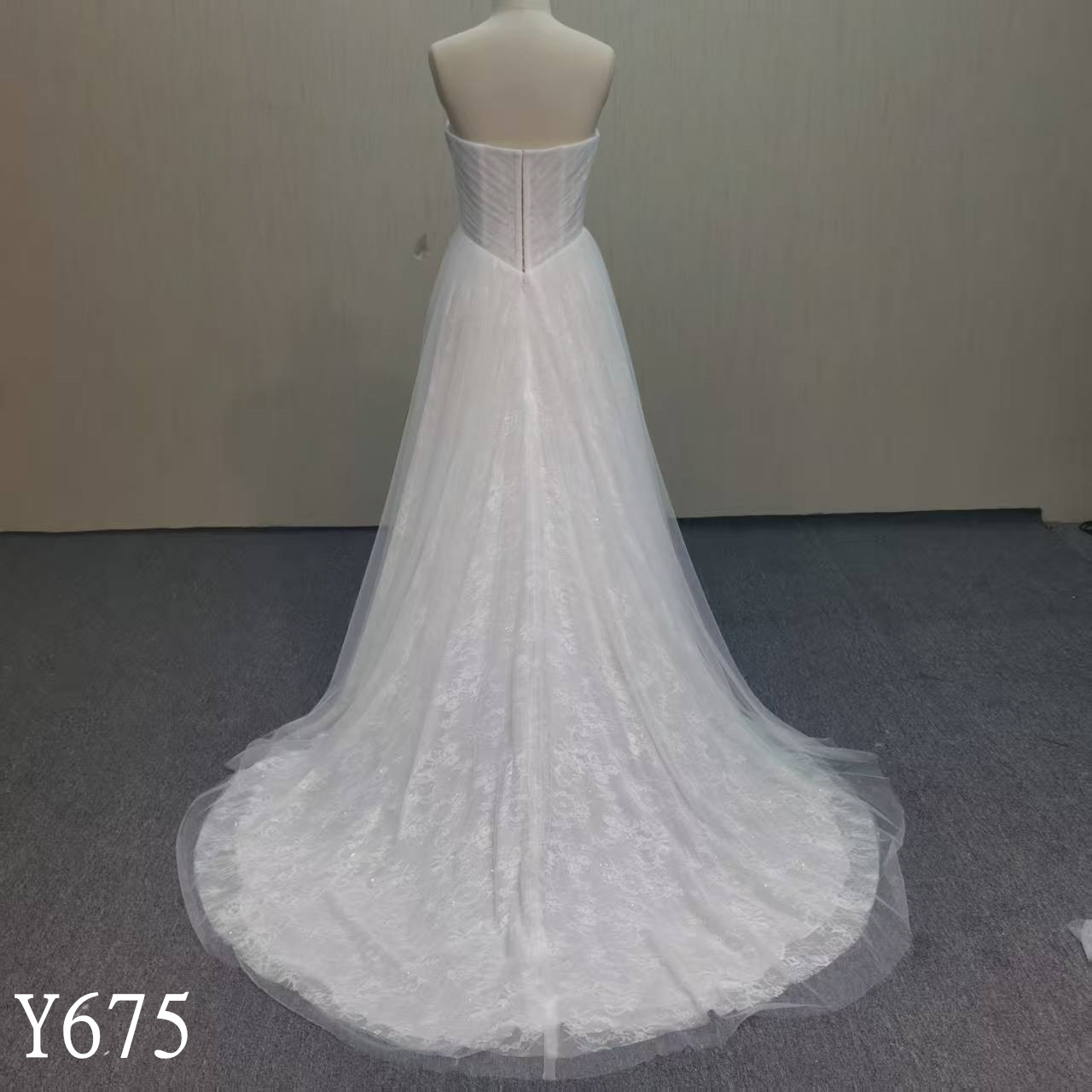 Y675-Soft Flowing A-Line Lace Hem Dress with Strapless Heart Neckline and Illusion Back