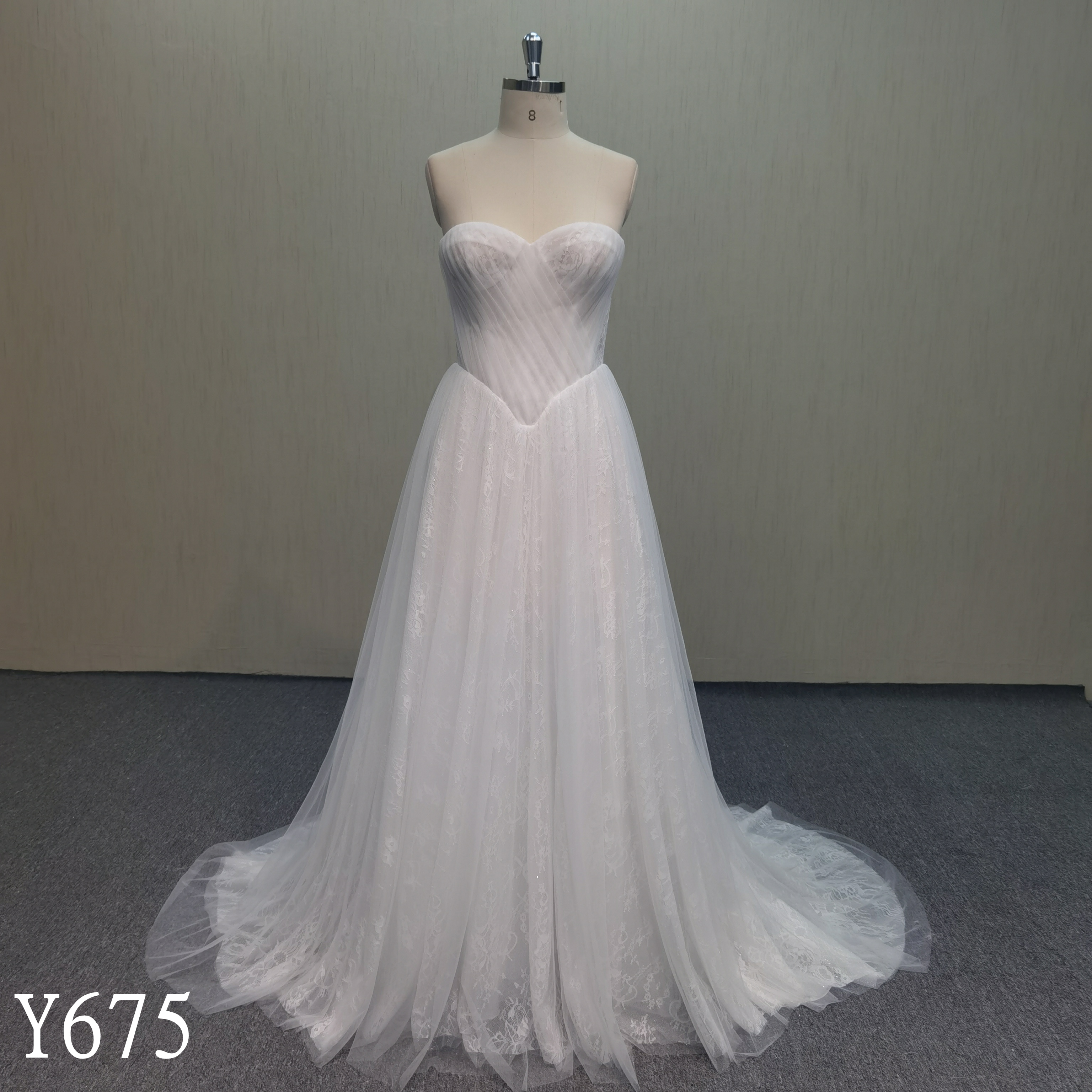 Y675-Soft Flowing A-Line Lace Hem Dress with Strapless Heart Neckline and Illusion Back