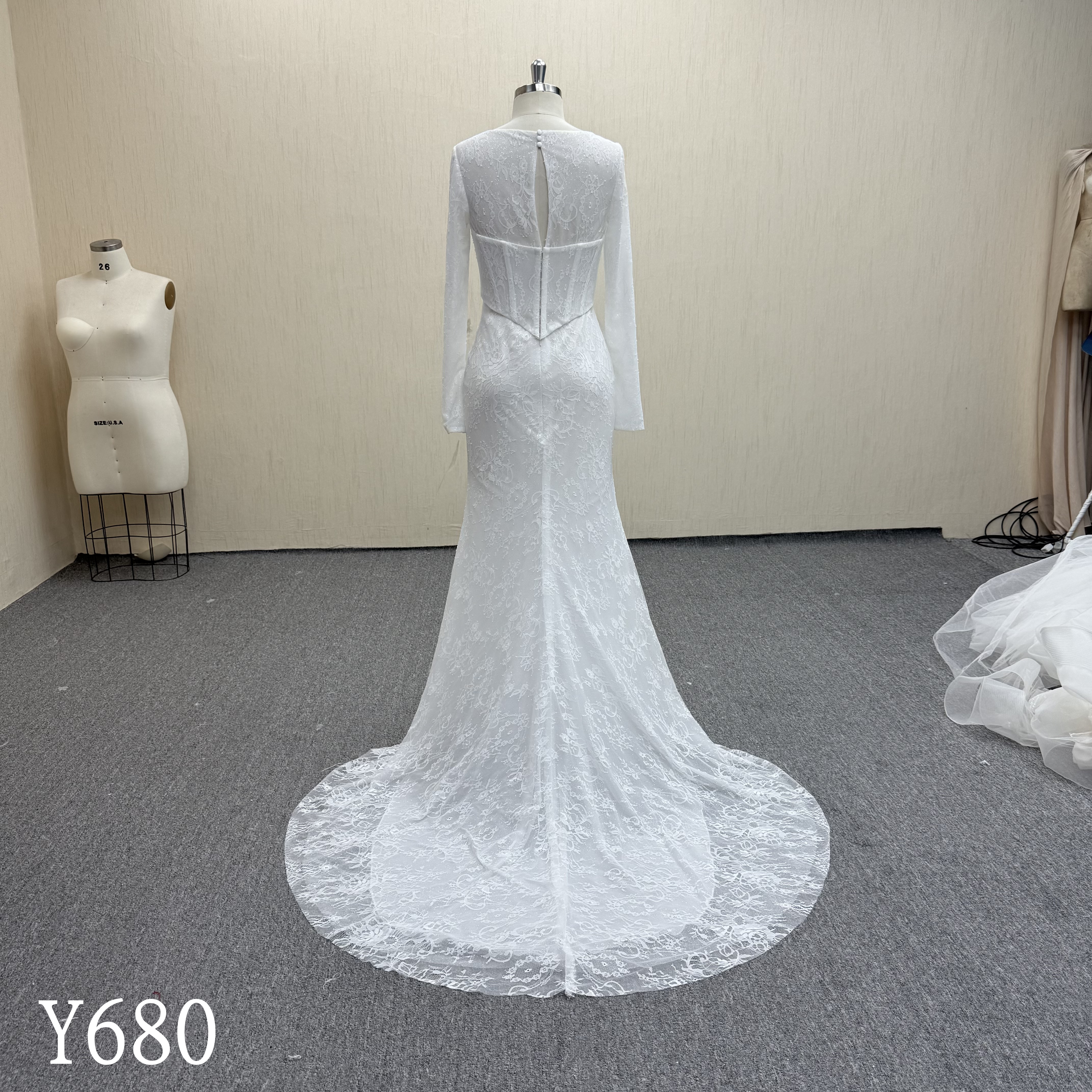 Y680 3-Piece Long Sleeve Sheer Corset Lace Mermaid Wedding Dress