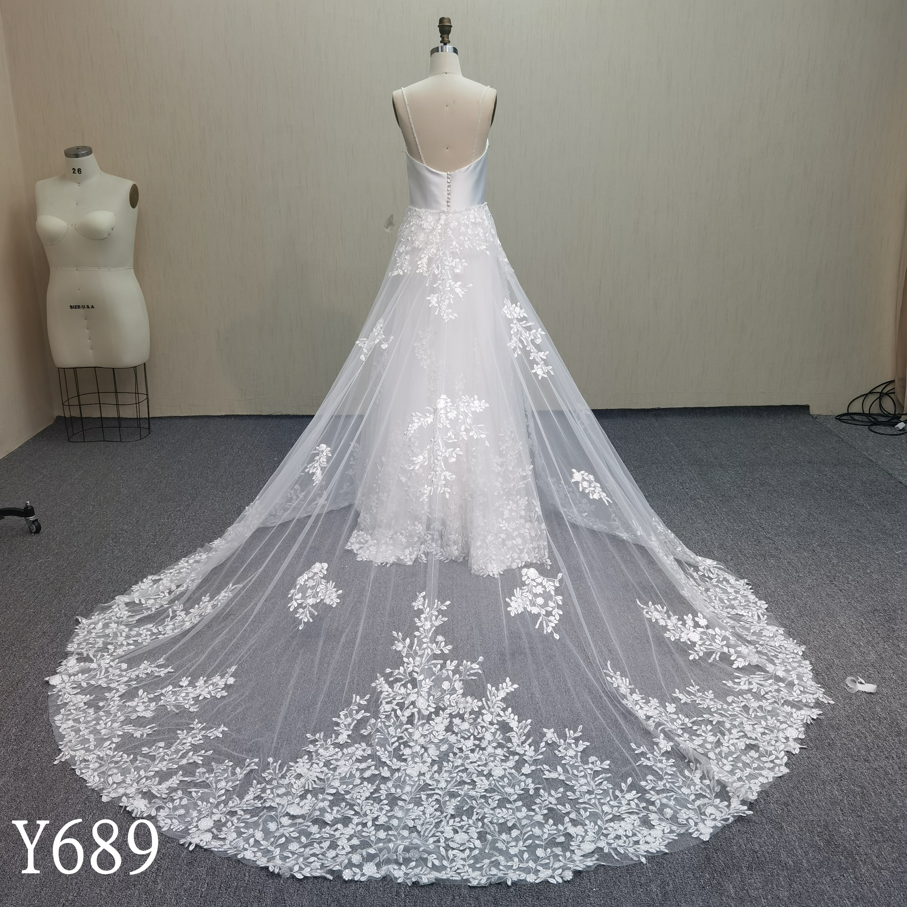 Y689 Versatile Satin Bodice Bridal Gown with Removable Floral Lace Overskirt and Sweep Train