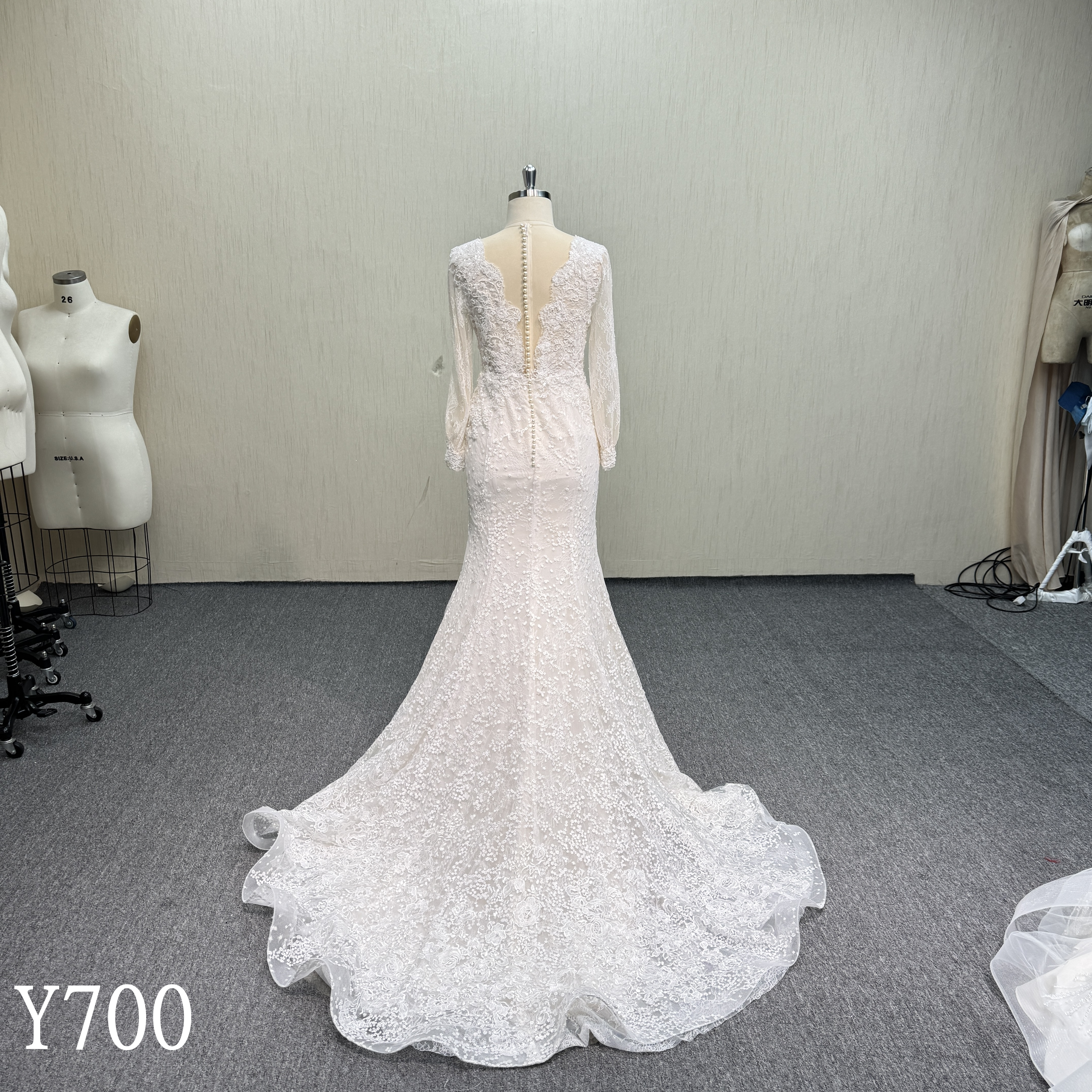 Y700 Exquisite Long Sleeve Illusion Deep V-Neck Beaded Lace Mermaid Wedding Dress