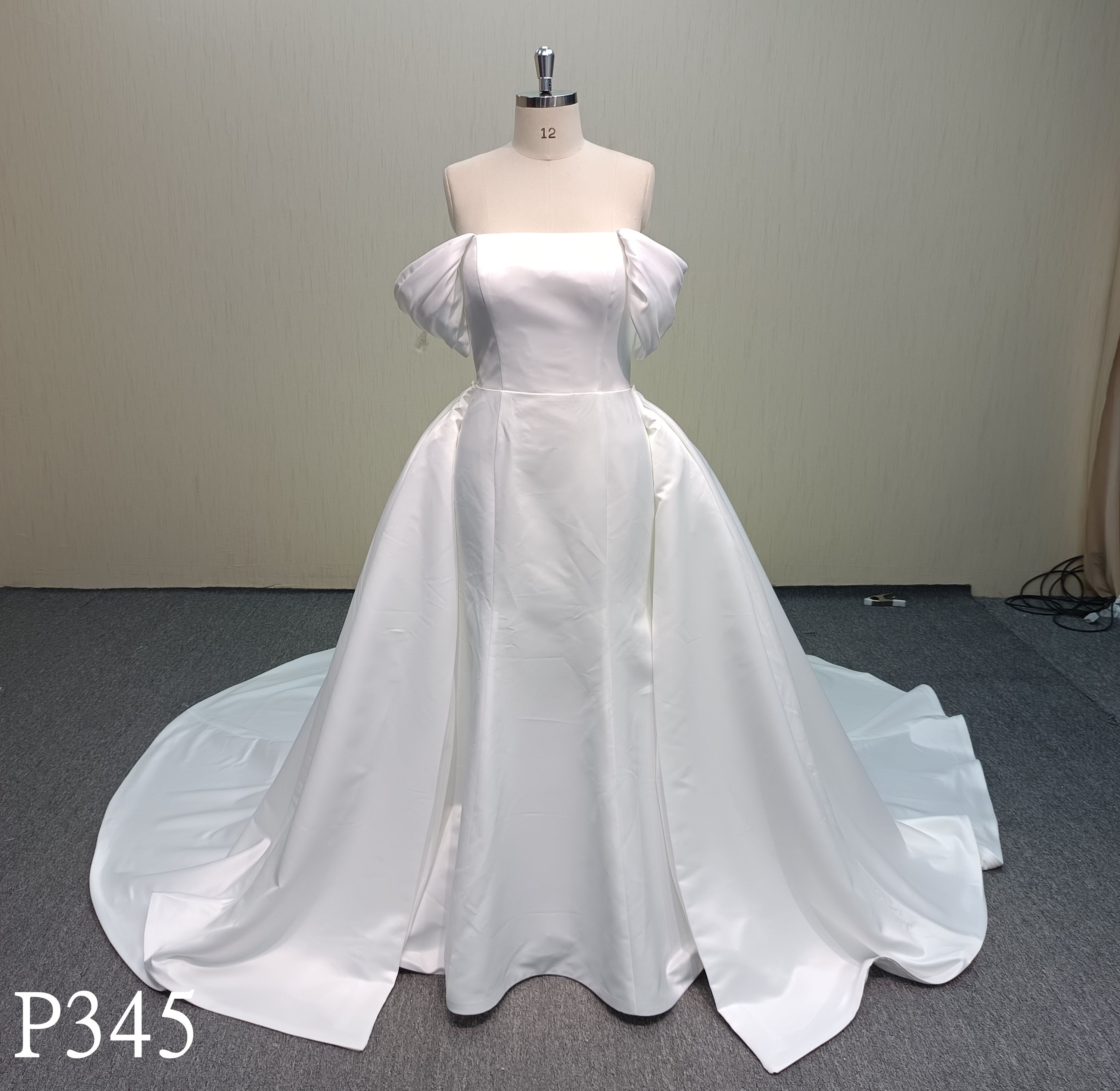 P345 2-Piece Off-the-Shoulder Draped Sleeve Satin Ballgown Wedding Dress