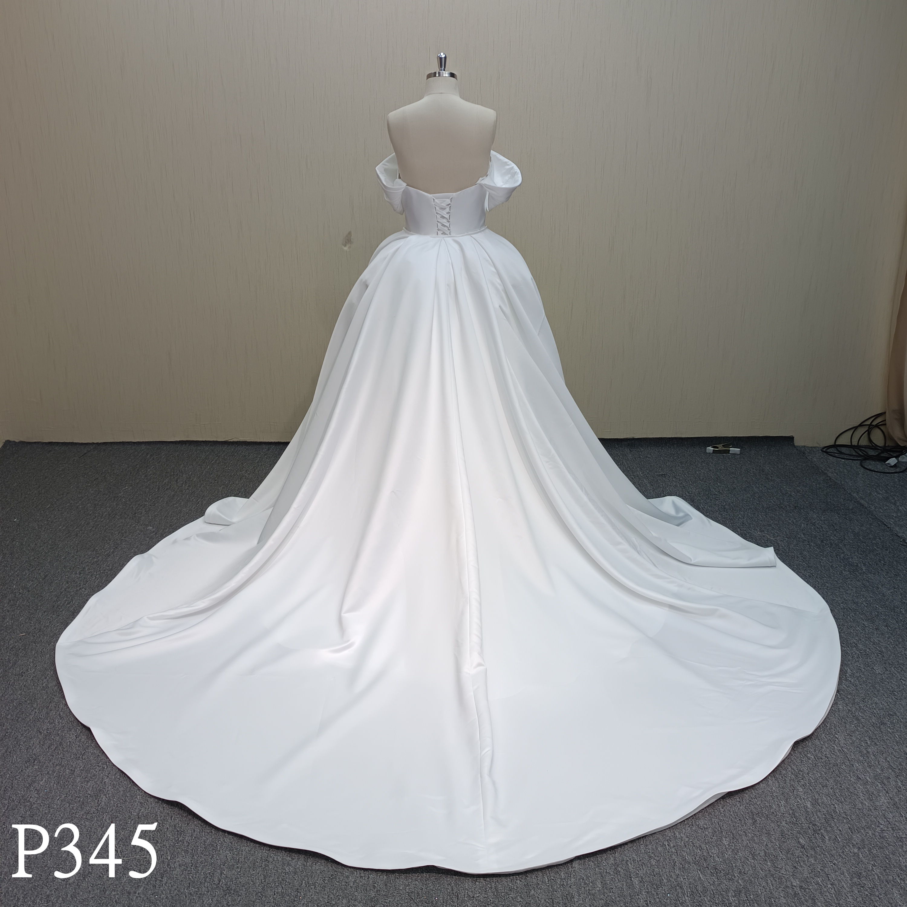 P345 2-Piece Off-the-Shoulder Draped Sleeve Satin Ballgown Wedding Dress