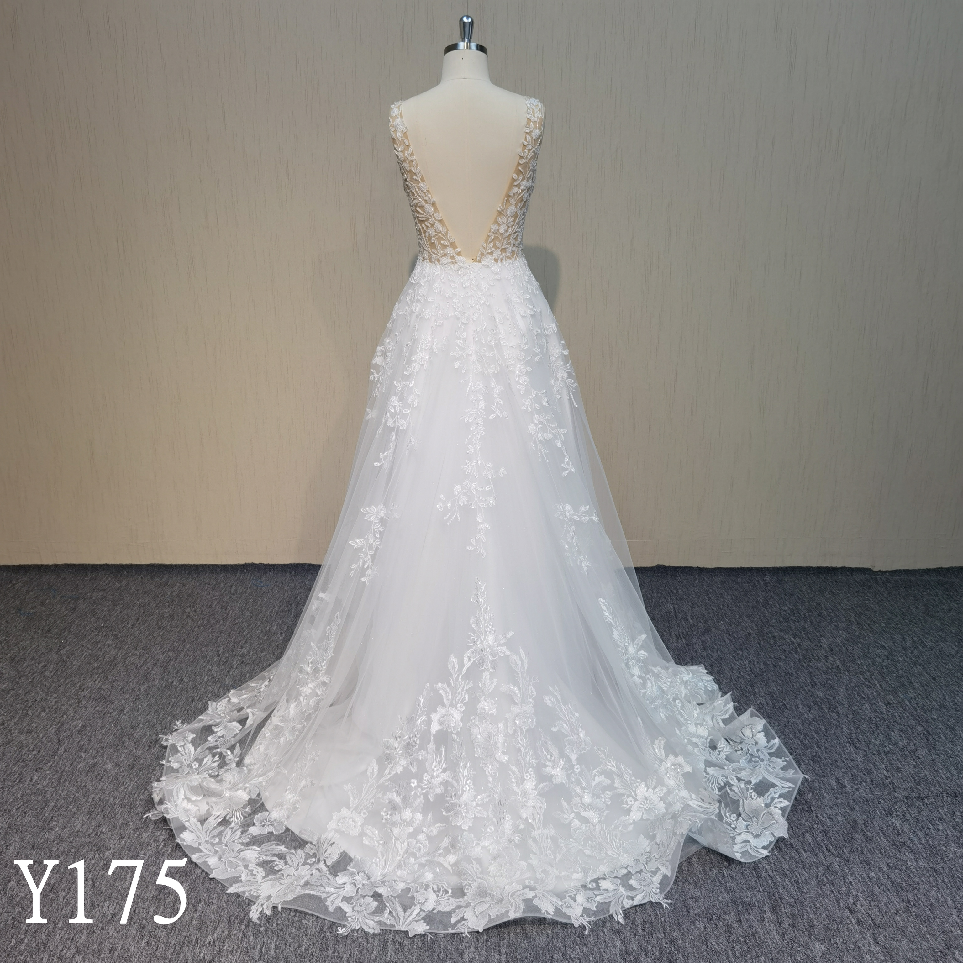 Y175 Gorgeous Deep V-Neck Sheer Lace A-Line Wedding Dress