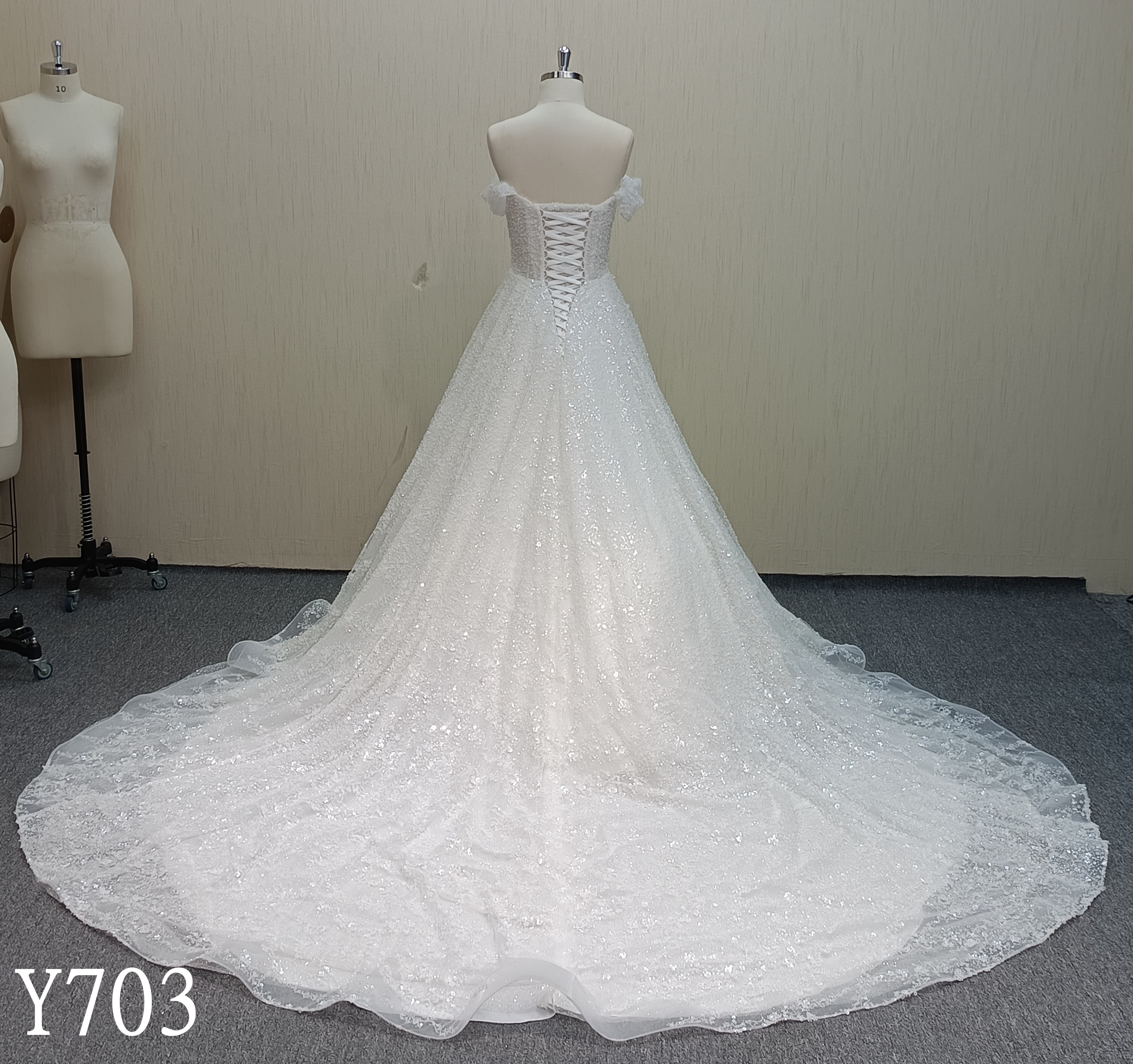 Y703 Dazzling Off-Shoulder Sparkle Tulle Princess-Cut Wedding Dress