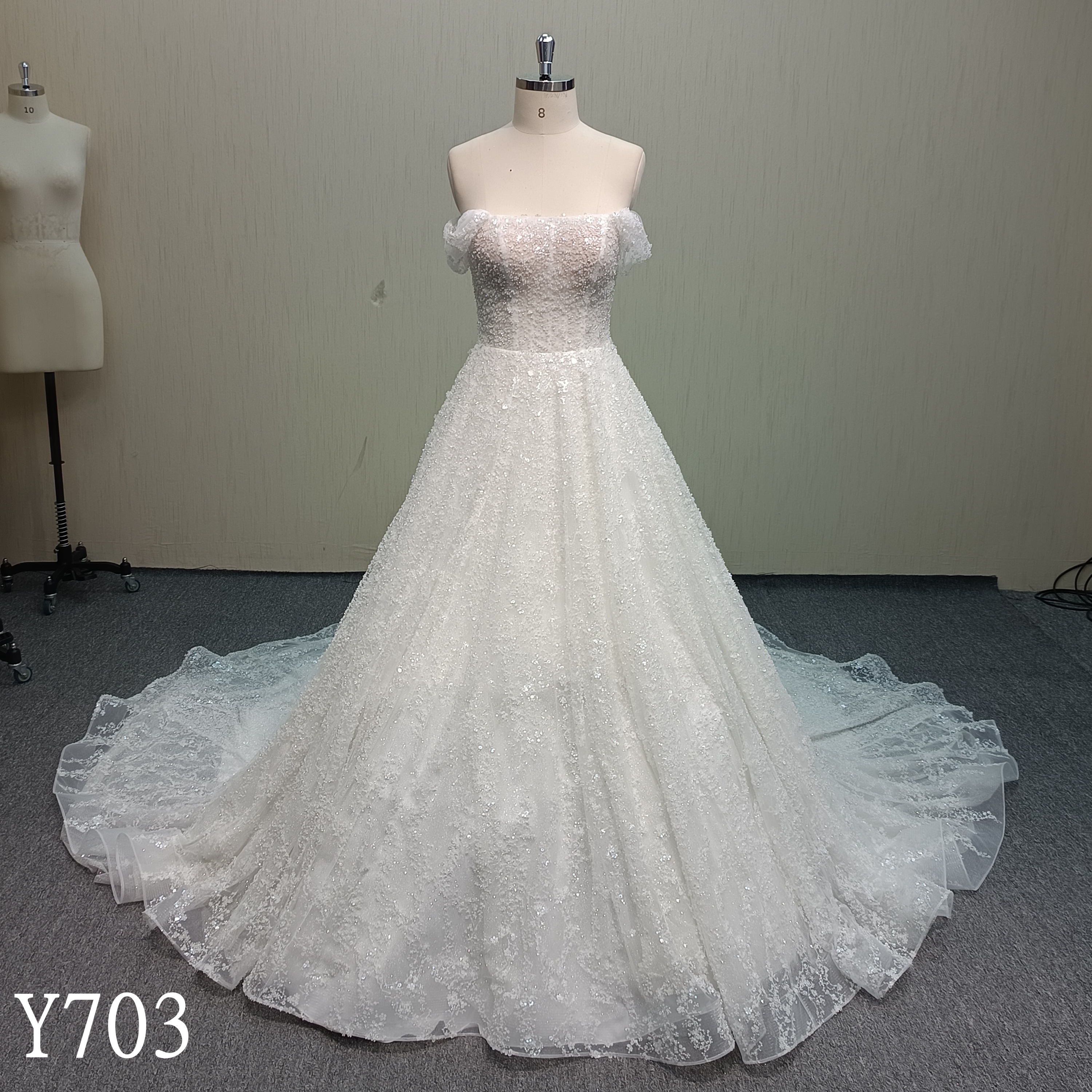 Y703 Dazzling Off-Shoulder Sparkle Tulle Princess-Cut Wedding Dress