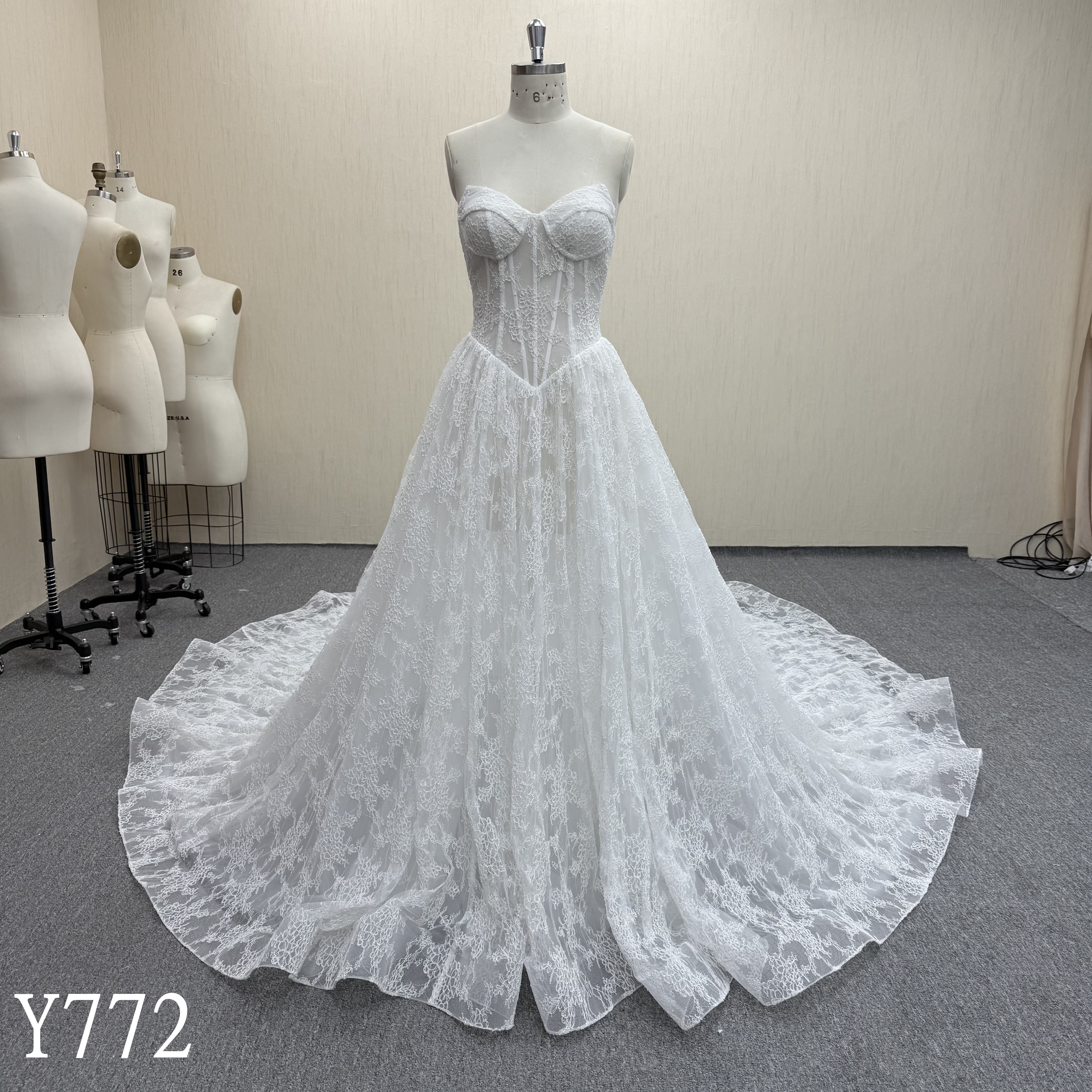 Y772 Classic A-Line Bridal Gown with Cat Eye Molded Cups and Sheer-Boned Bodice