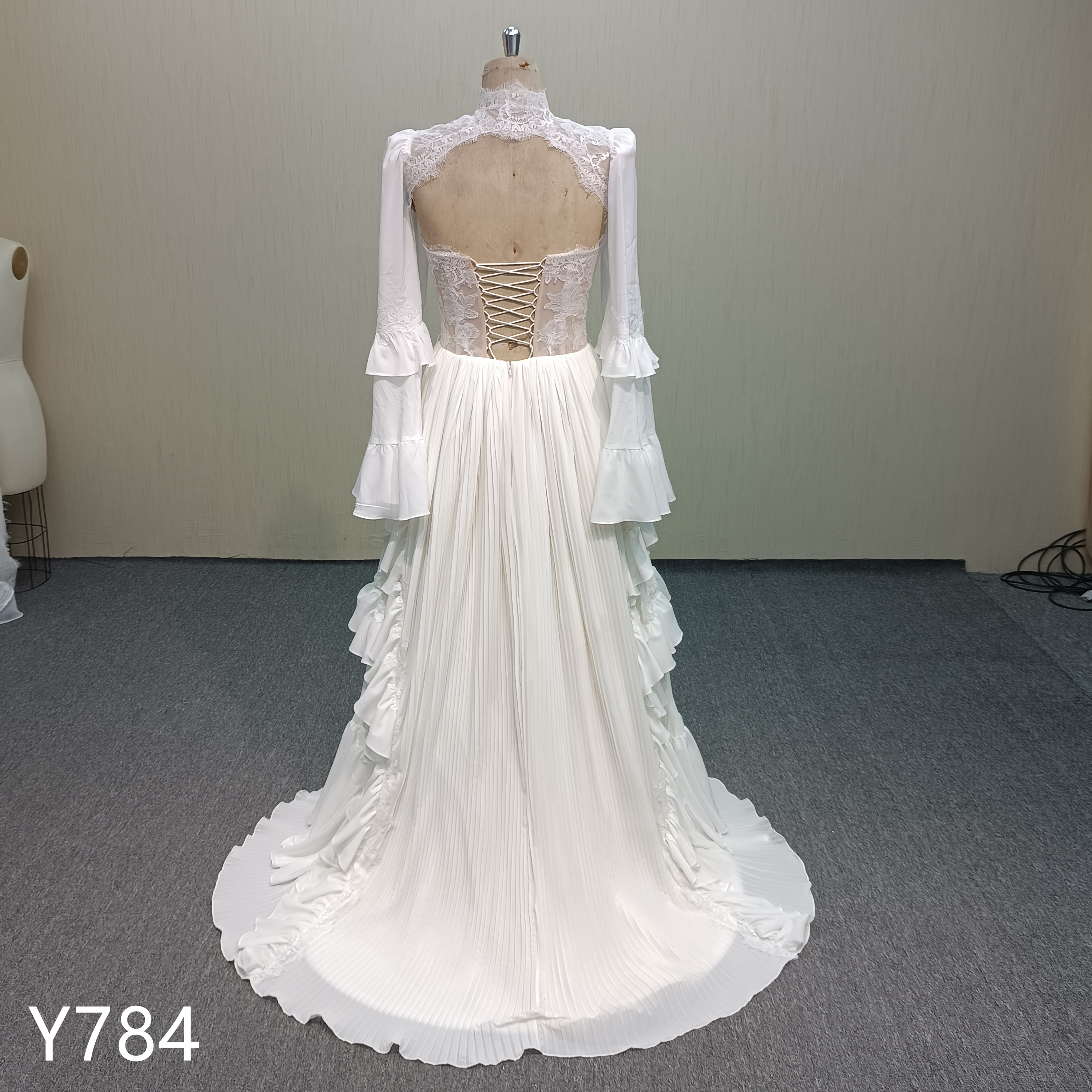 Y784 Free-Spirited Corset Lace-Up Back A-Line Gown with Cascade Ruffle Skirt-Boho style