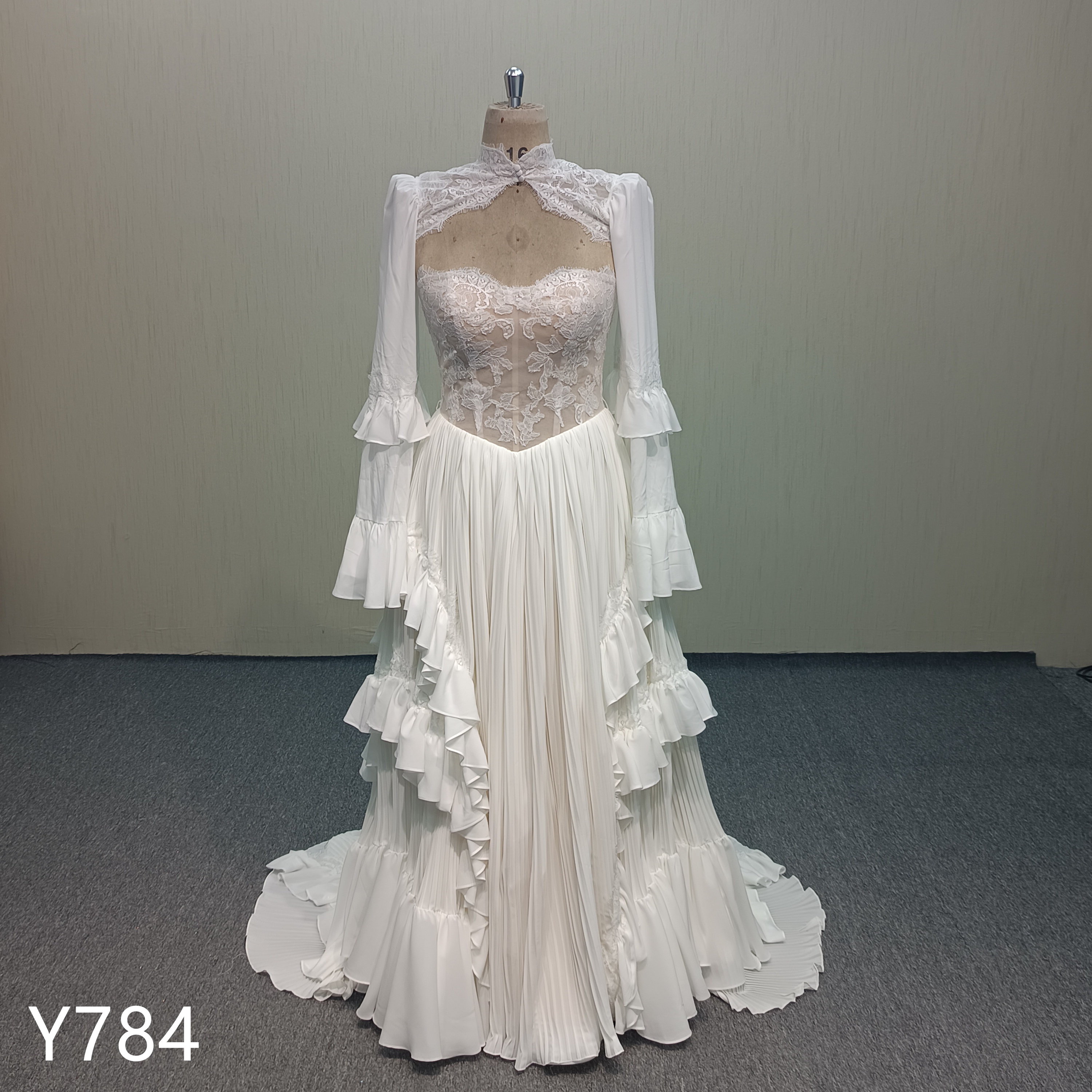 Y784 Free-Spirited Corset Lace-Up Back A-Line Gown with Cascade Ruffle Skirt-Boho style