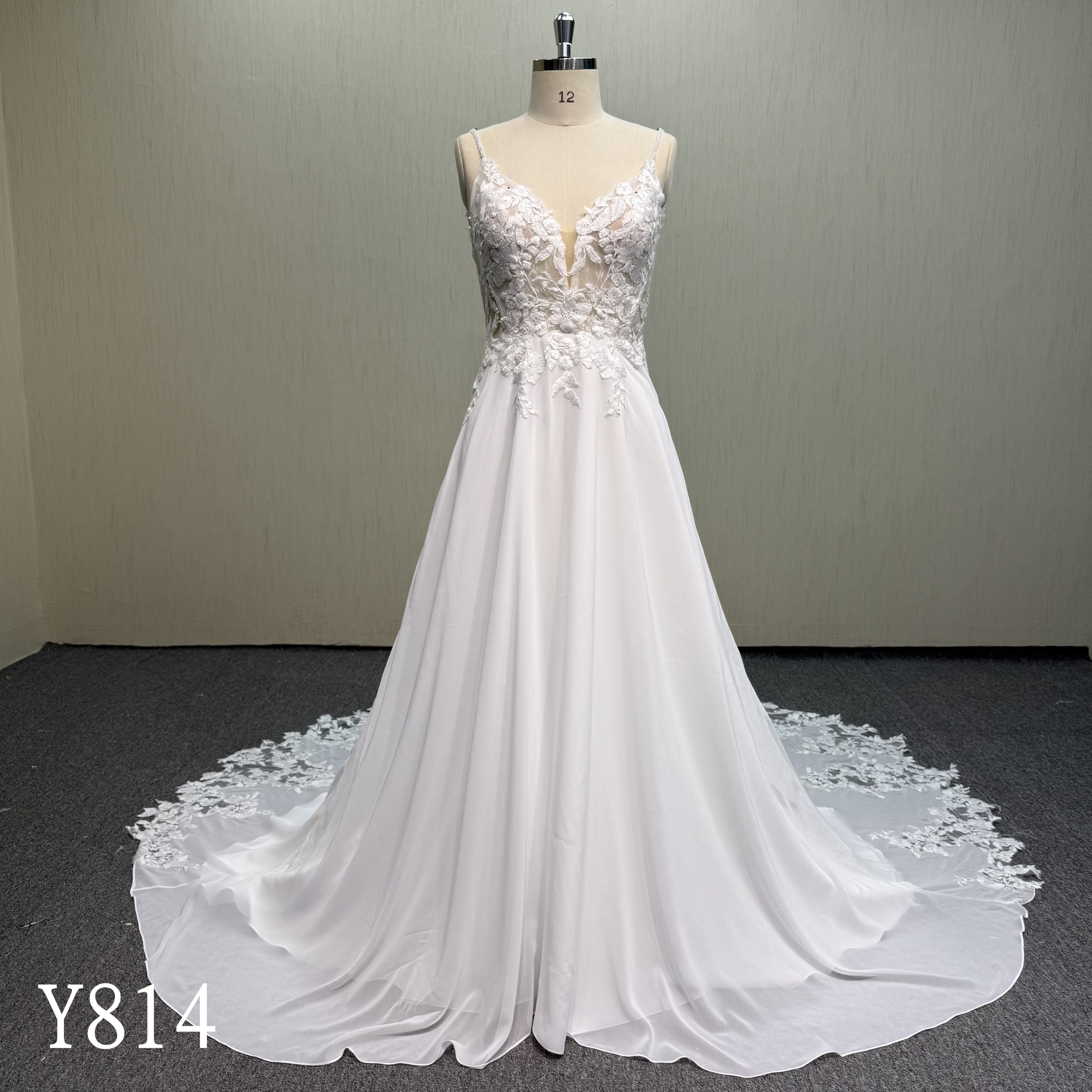 Y814 Chiffon Wedding Dress - Beaded Spaghetti Straps & Sheer Lace Back Bridal Gown