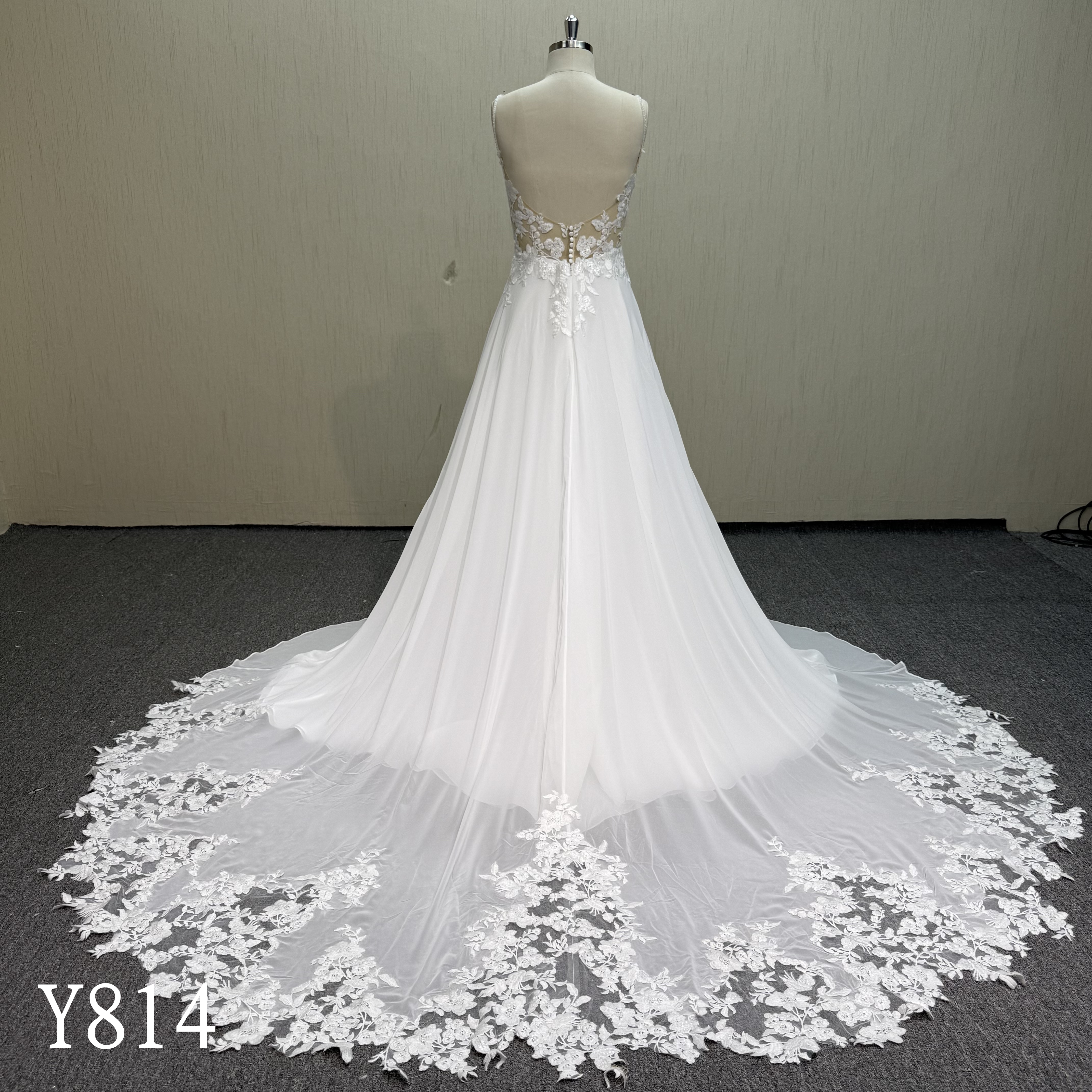 Y814 Chiffon Wedding Dress - Beaded Spaghetti Straps & Sheer Lace Back Bridal Gown
