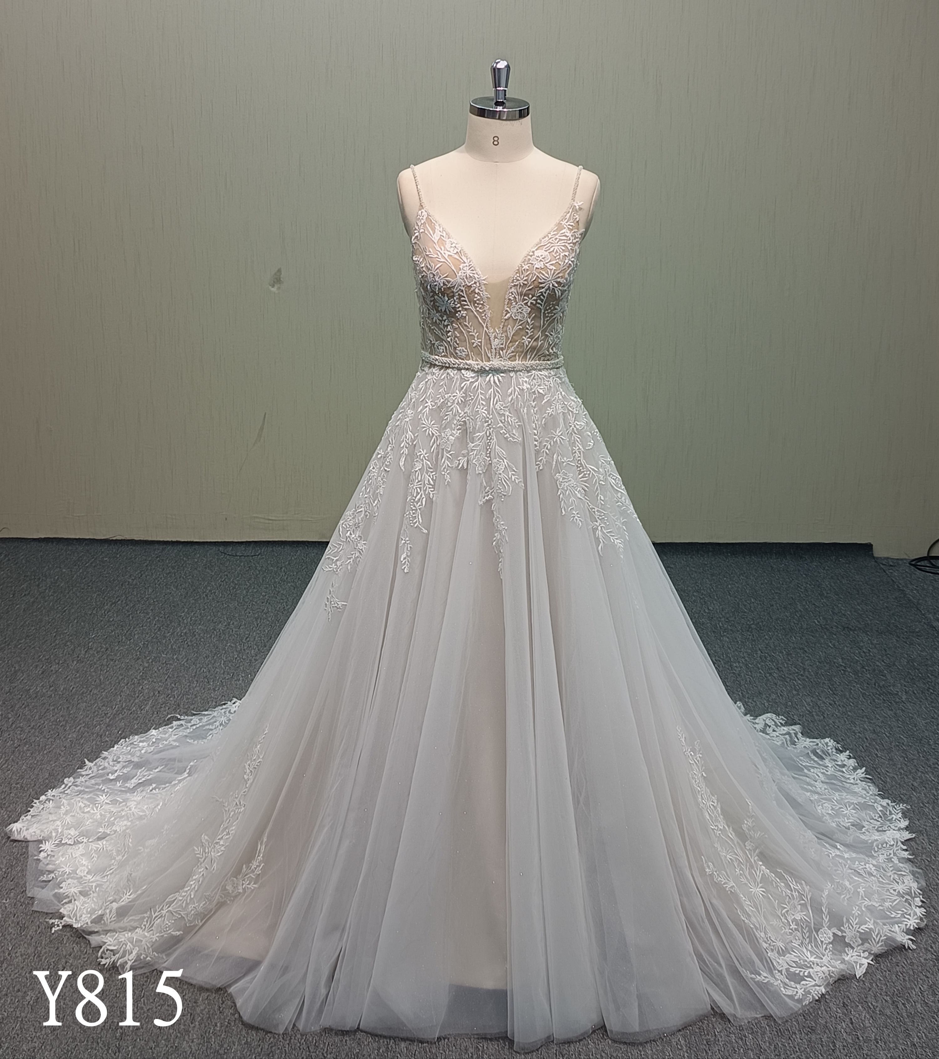 Y815 Beaded Spaghetti Strap Champagne Wedding Dress with Floral Lace Appliqué Train