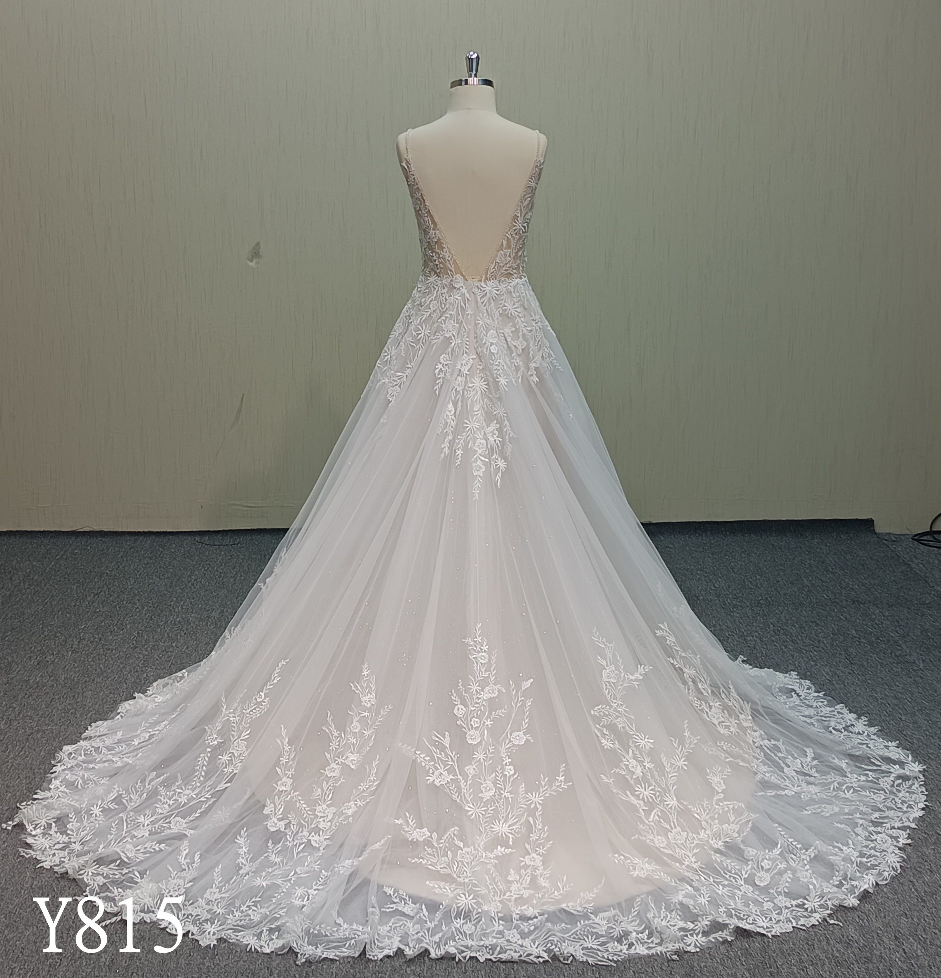 Y815 Beaded Spaghetti Strap Champagne Wedding Dress with Floral Lace Appliqué Train