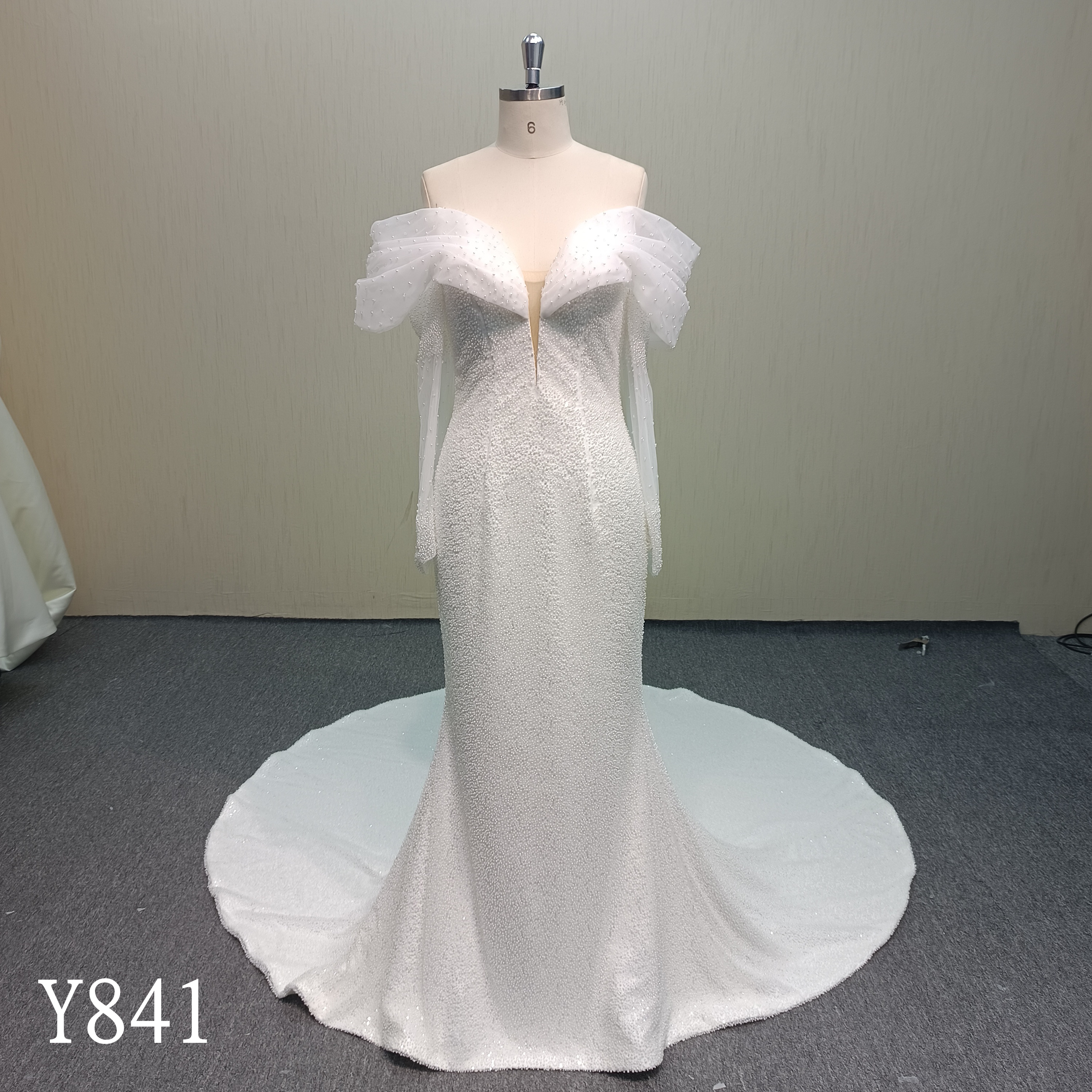 Y841 Luxury All-Over Beaded Mermaid Bridal Gown with Off-Shoulder Draped Tulle Sleeves