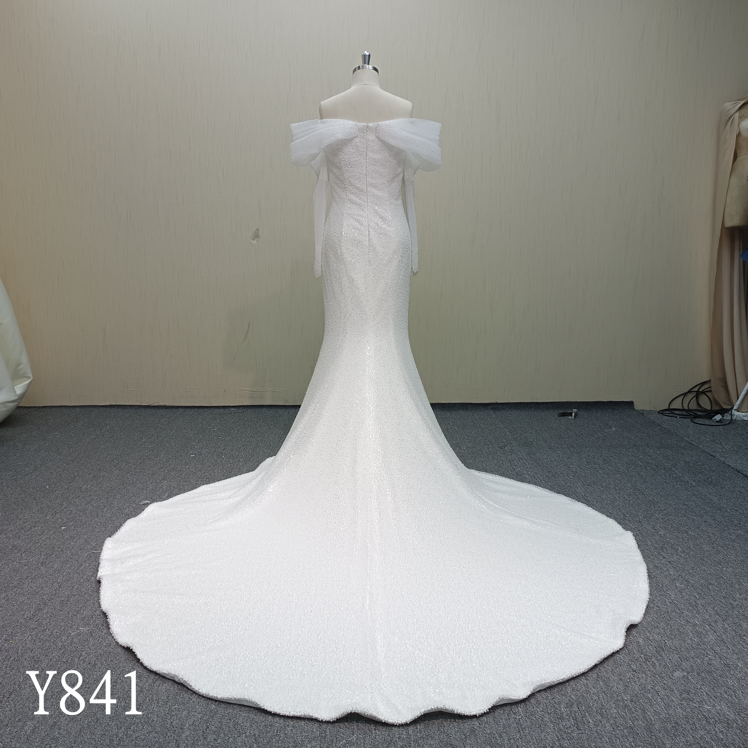 Y841 Luxury All-Over Beaded Mermaid Bridal Gown with Off-Shoulder Draped Tulle Sleeves