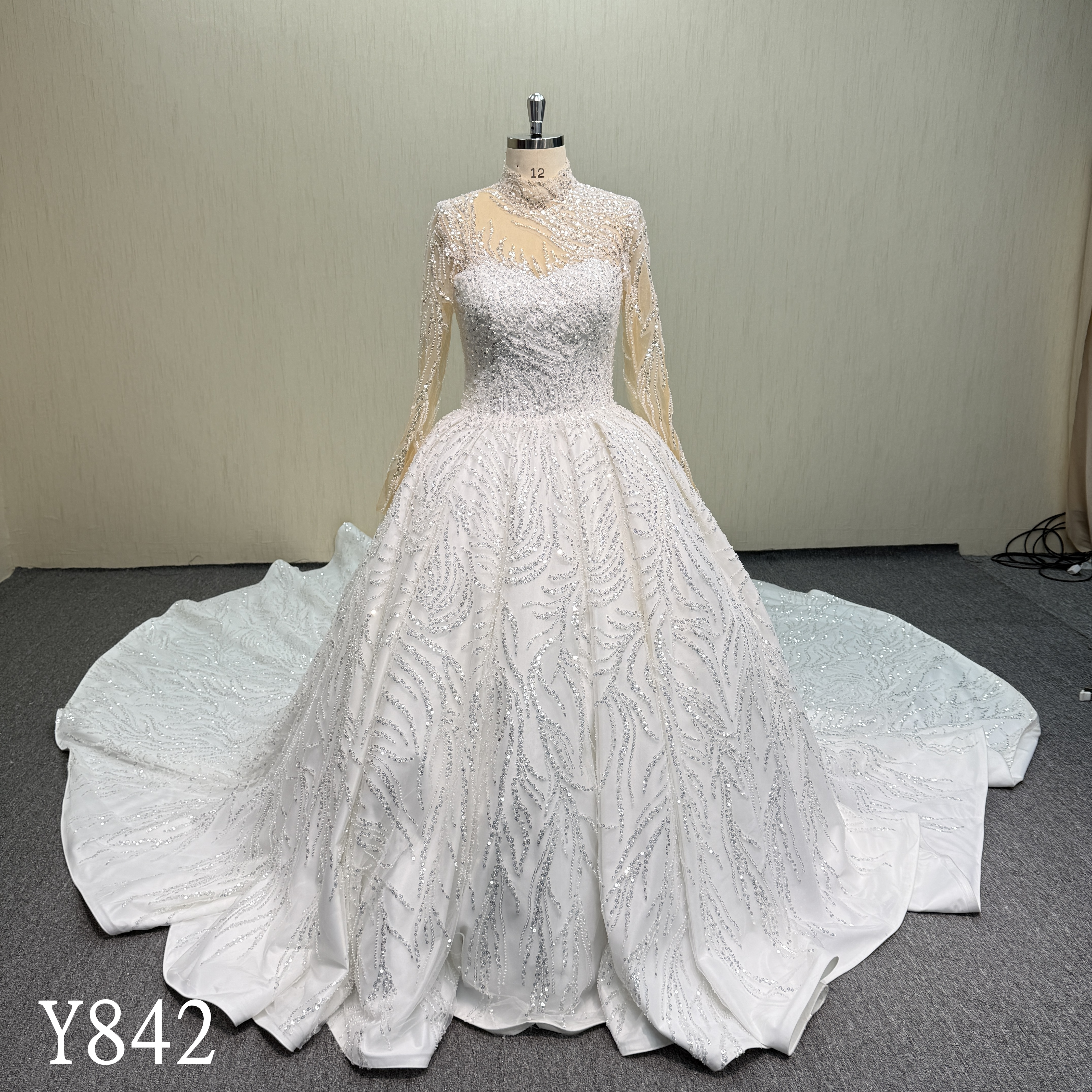 Y842 High Neck Crystal-Beaded Princess Gown with Sheer Sleeves and Corset Lace-Up Back