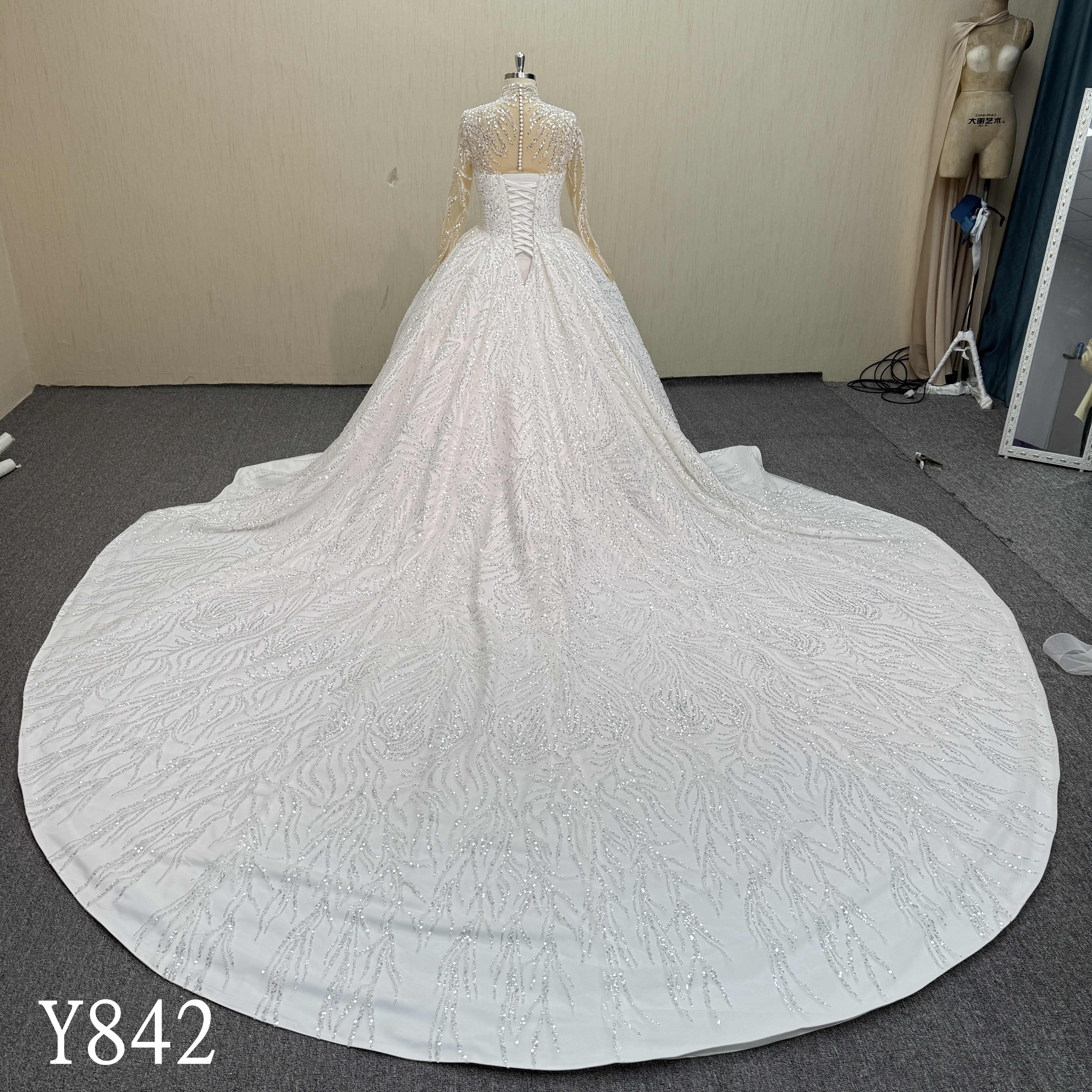 Y842 High Neck Crystal-Beaded Princess Gown with Sheer Sleeves and Corset Lace-Up Back