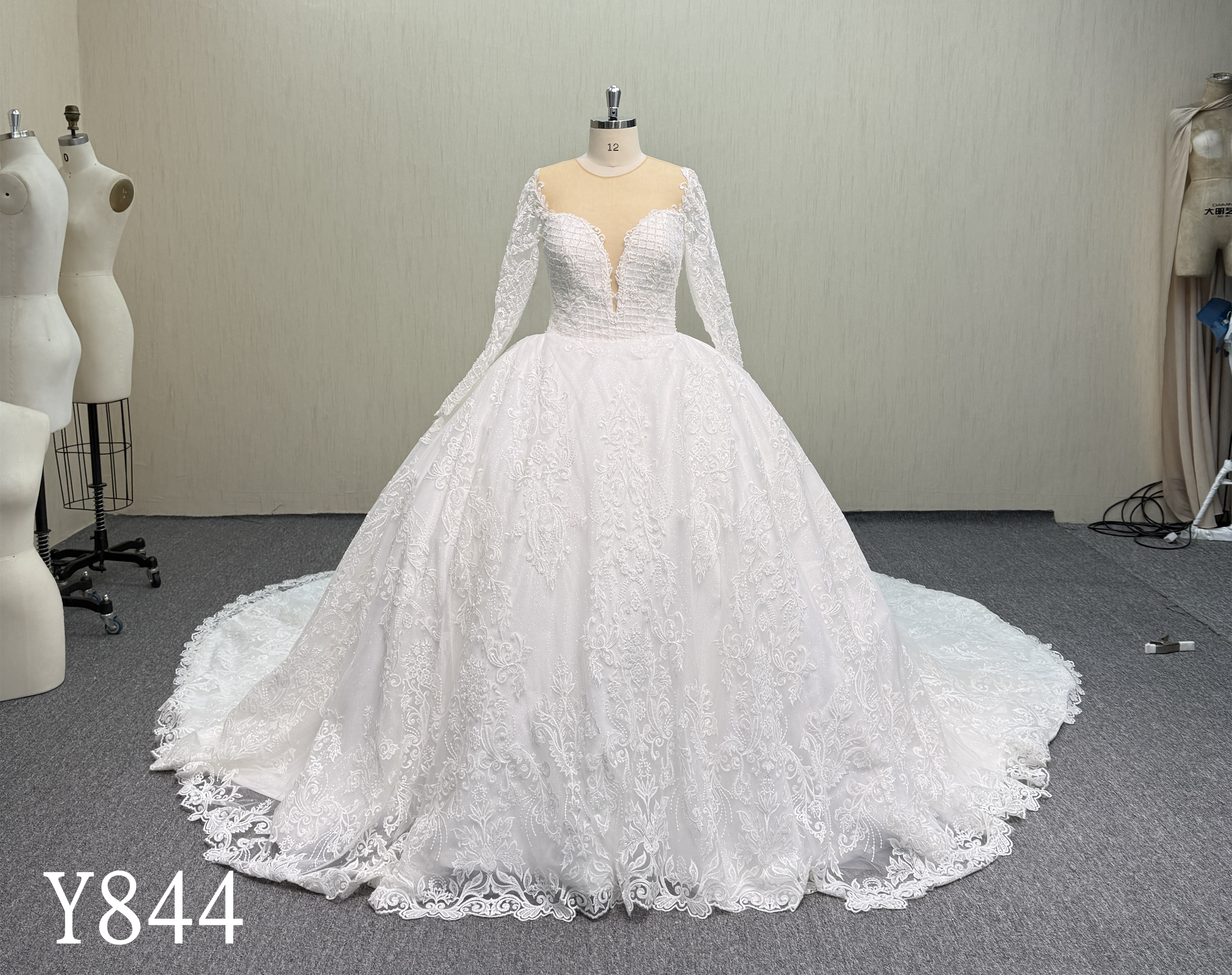 Y844 Royal Luxury Beaded Lace Ballgown with Sheer High Neck and Long Cathedral Train