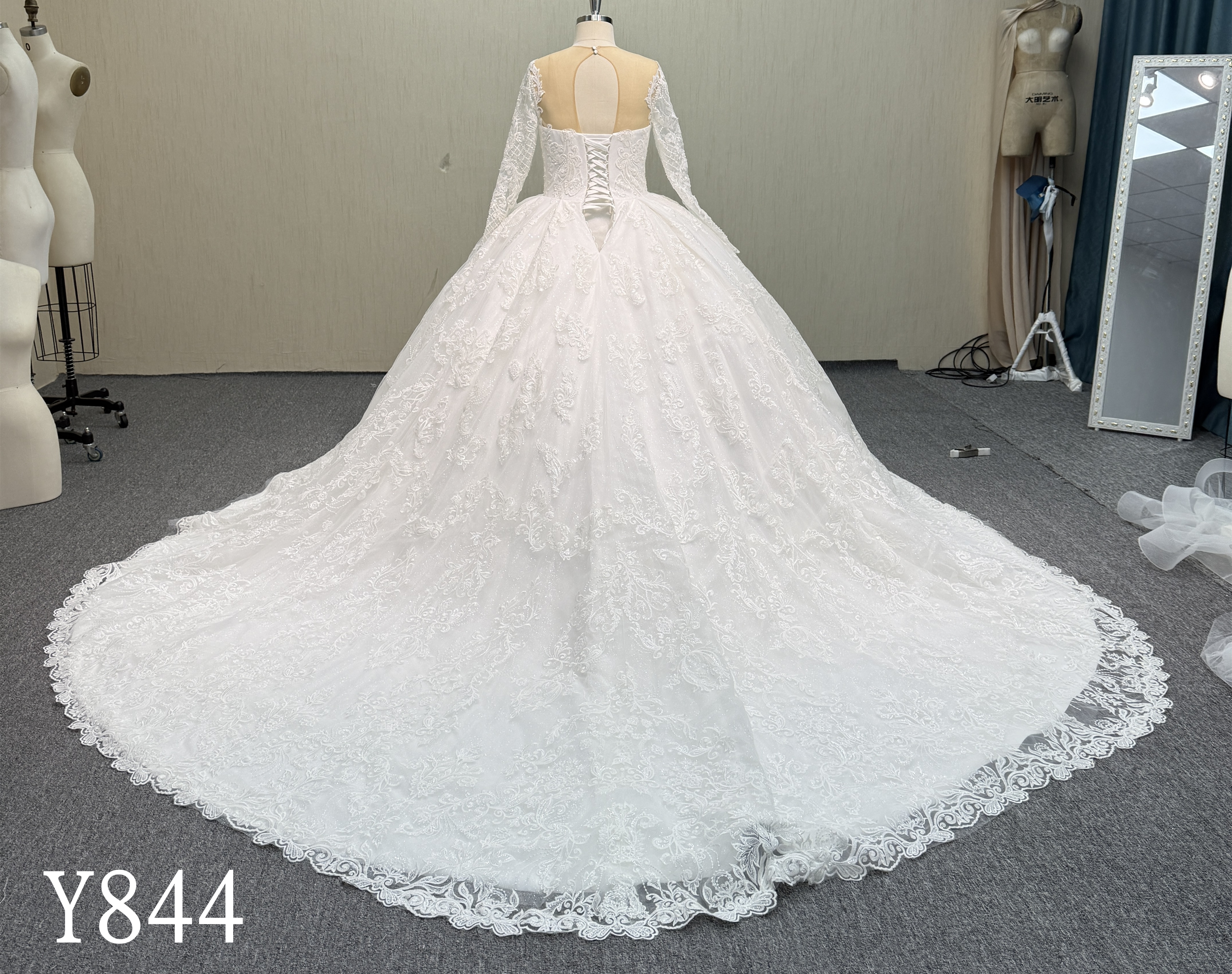 Y844 Royal Luxury Beaded Lace Ballgown with Sheer High Neck and Long Cathedral Train