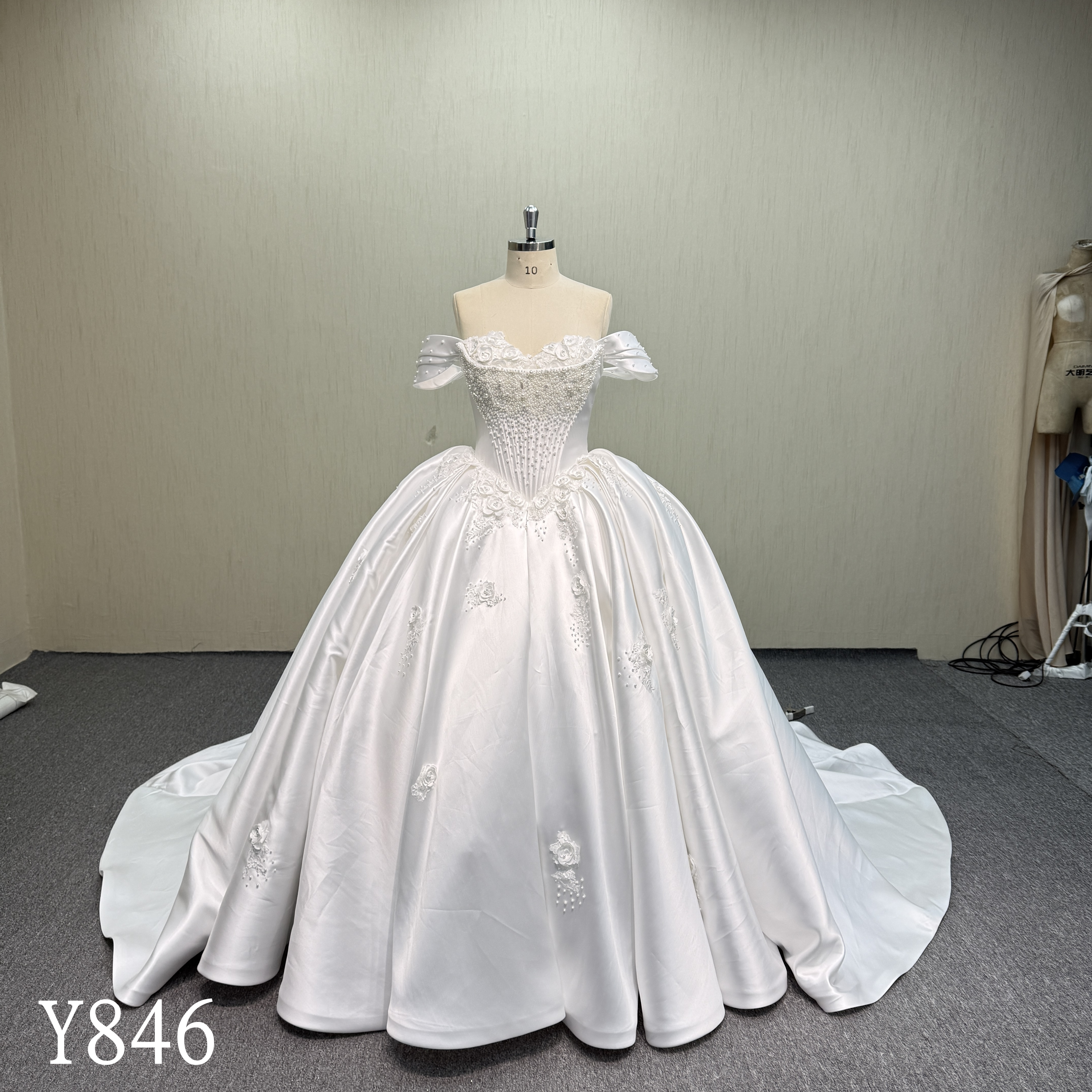 Y846 Mikado Satin Ballgown with Hand-Beaded Corset and 3D Floral Lace Appliques