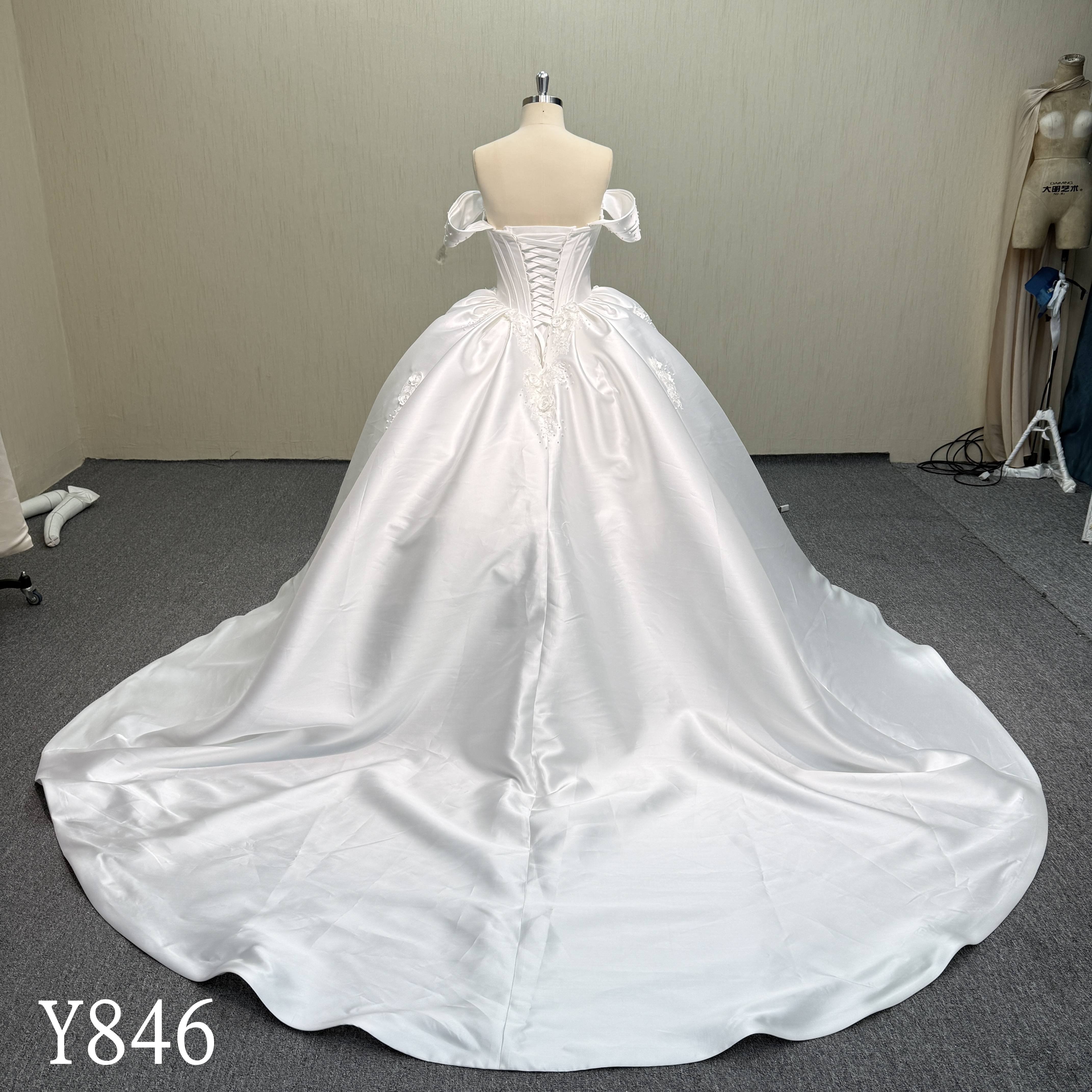 Y846 Mikado Satin Ballgown with Hand-Beaded Corset and 3D Floral Lace Appliques